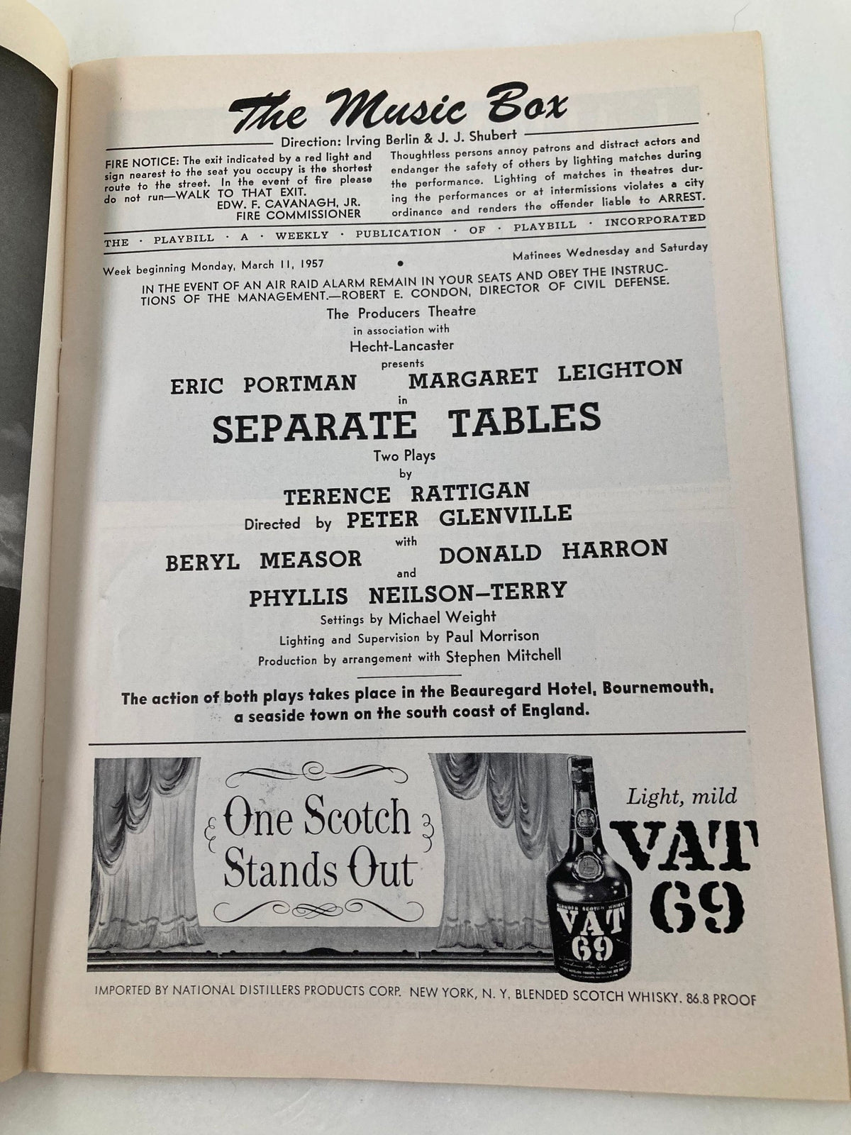 1957 Playbill The Music Box featuring Eric Portman and Margaret Leighton in Separate Tables, showcasing theatrical information and play details.