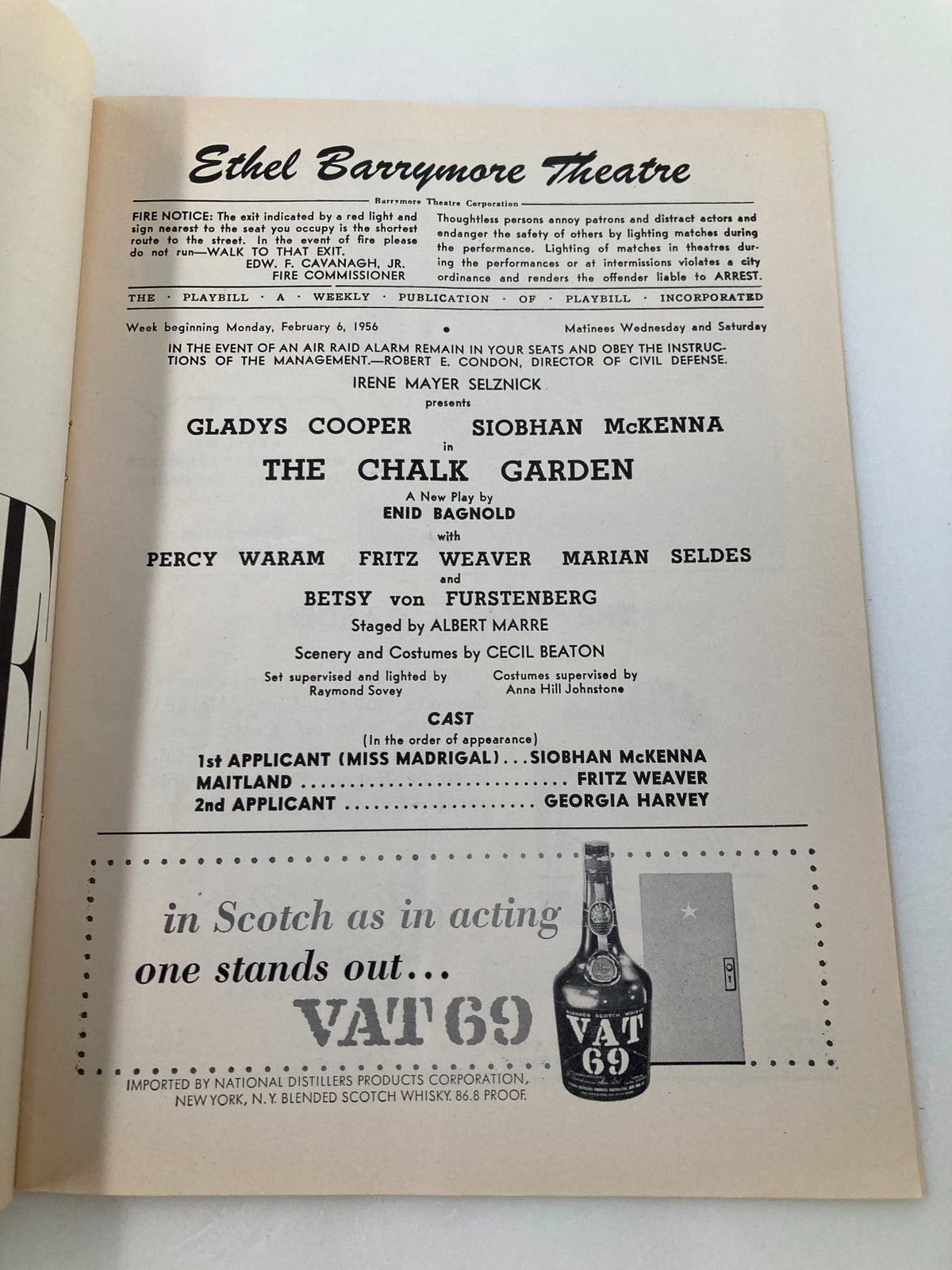 Interior page of the 1956 Playbill for The Chalk Garden at the Ethel Barrymore Theatre, listing cast details and production credits.