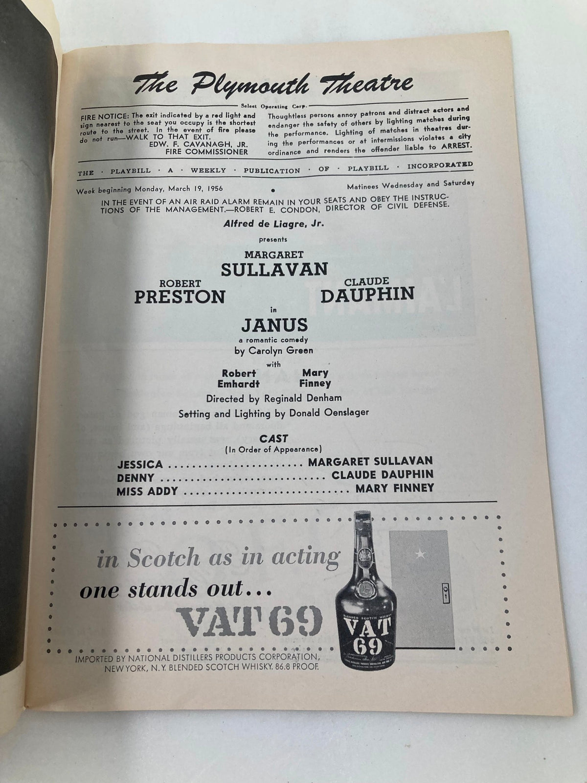 Interior page of the 1956 Playbill for The Plymouth Theatre, detailing cast and crew information for the play Janus.