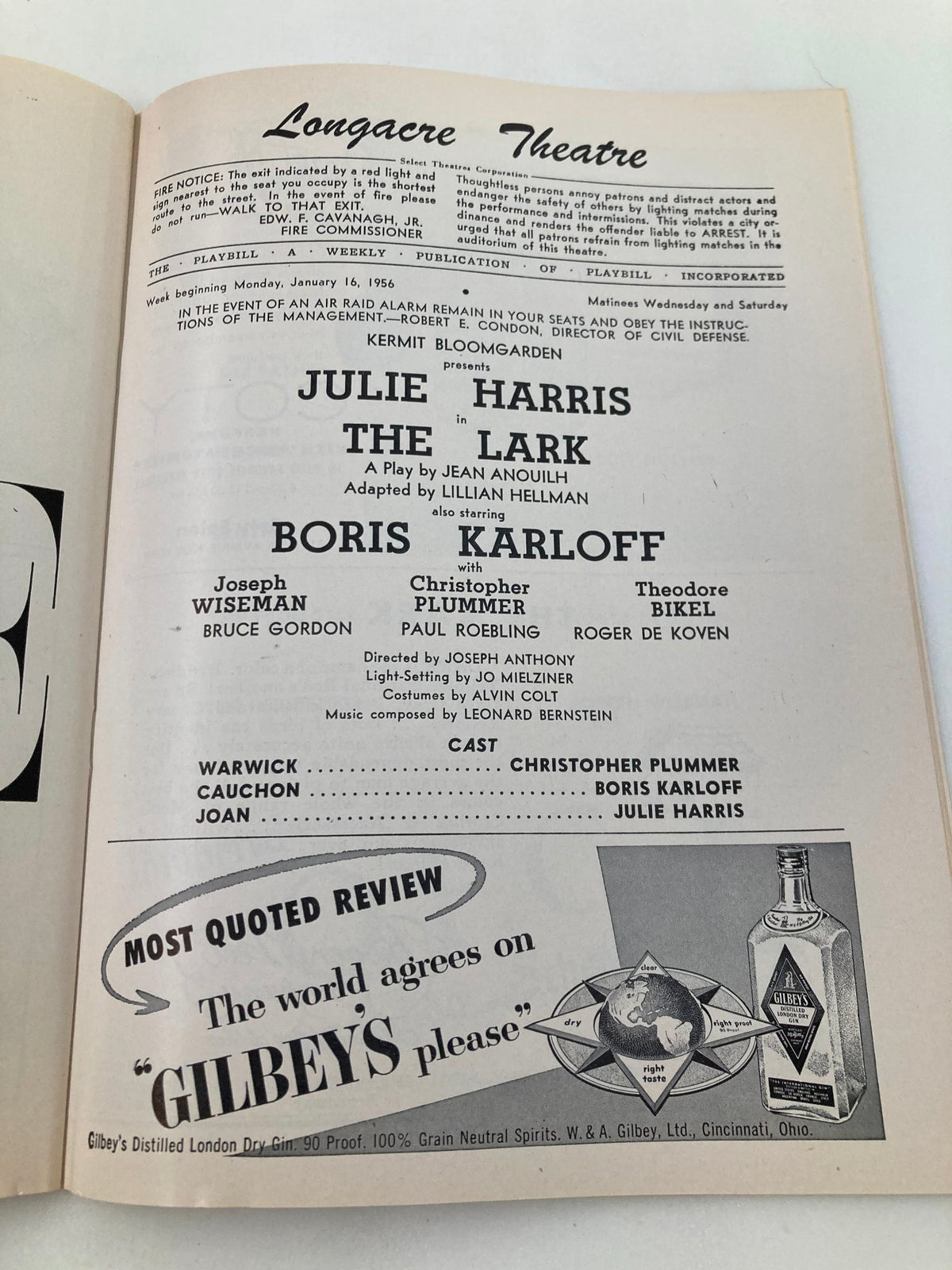 1956 Playbill from Longacre Theatre featuring Julie Harris and Boris Karloff in The Lark, showcasing classic theater history.