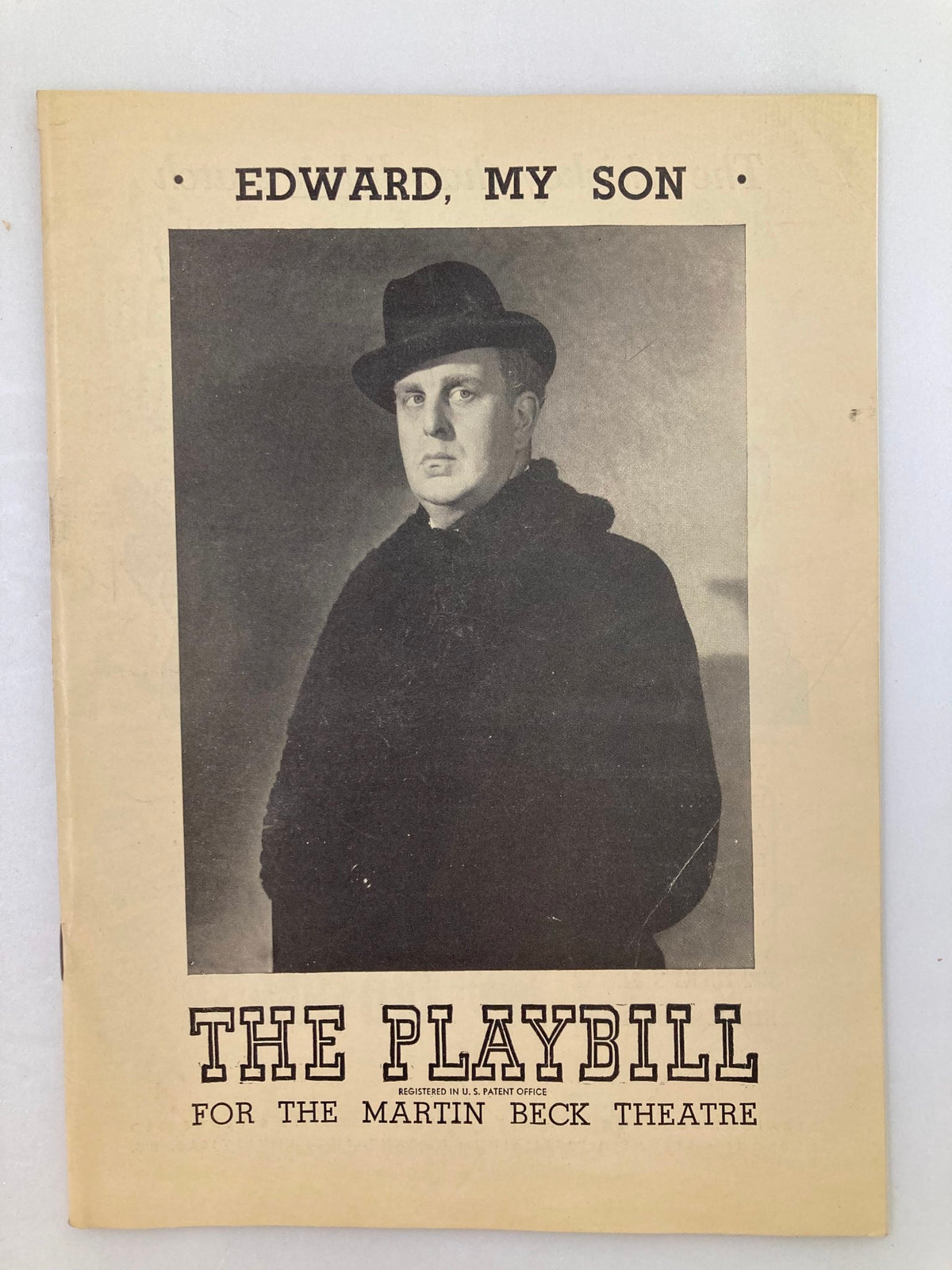 1949 Playbill for 'Edward, My Son' featuring an iconic image of a man in a hat, representing the Martin Beck Theatre.