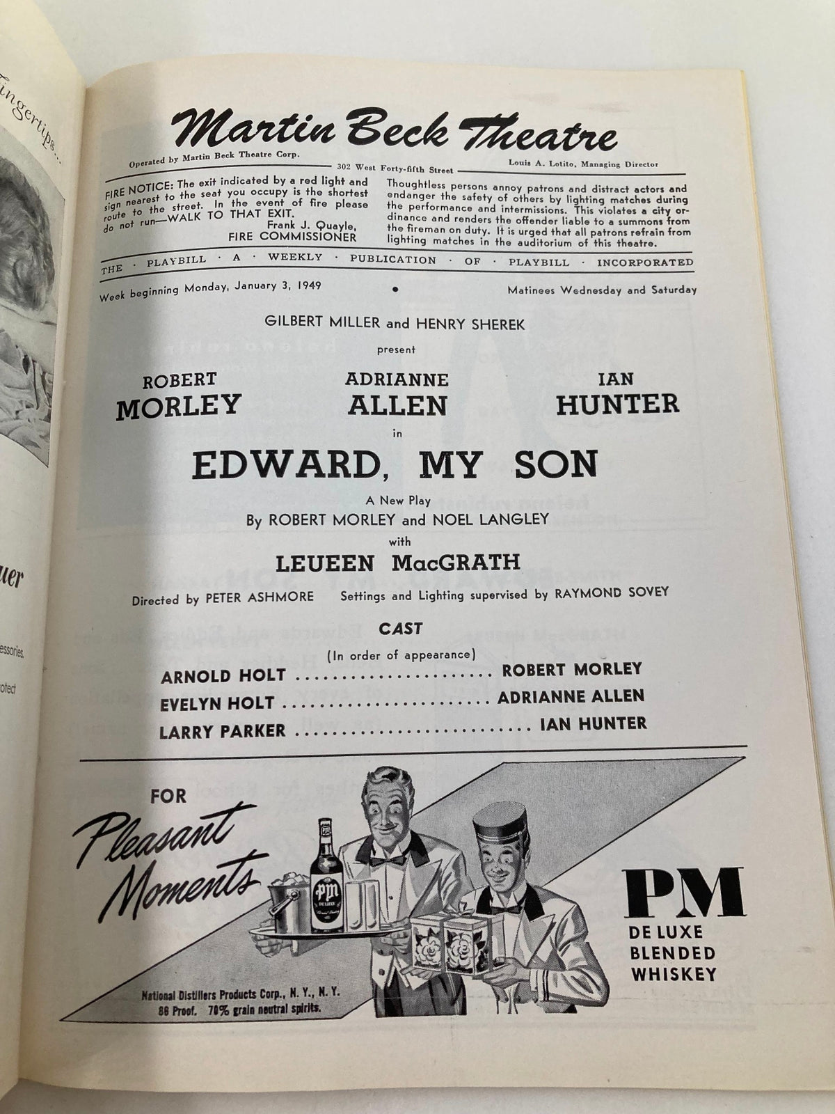 Interior page of the 1949 Playbill for 'Edward, My Son' at Martin Beck Theatre, showcasing the cast list and theatrical details.