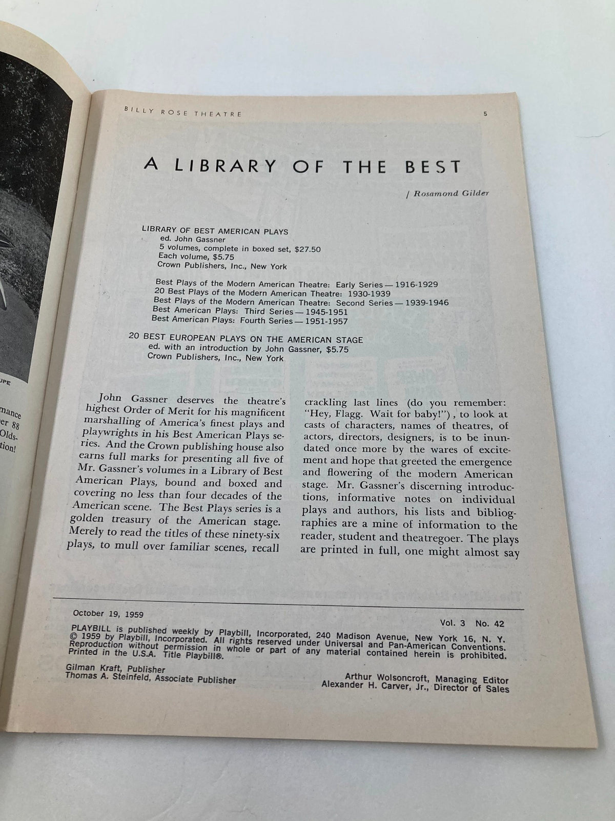 Page from the 1959 Playbill for Heartbreak House at Billy Rose Theatre showing a library of American plays.