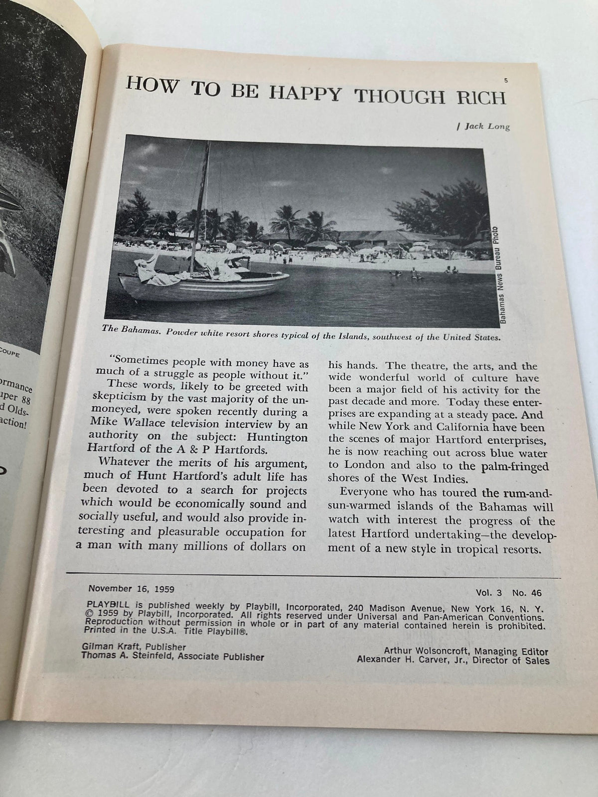 Interior page of the 1959 Playbill highlighting an article titled 'How to be Happy Though Rich', adding context to the theatrical experience.