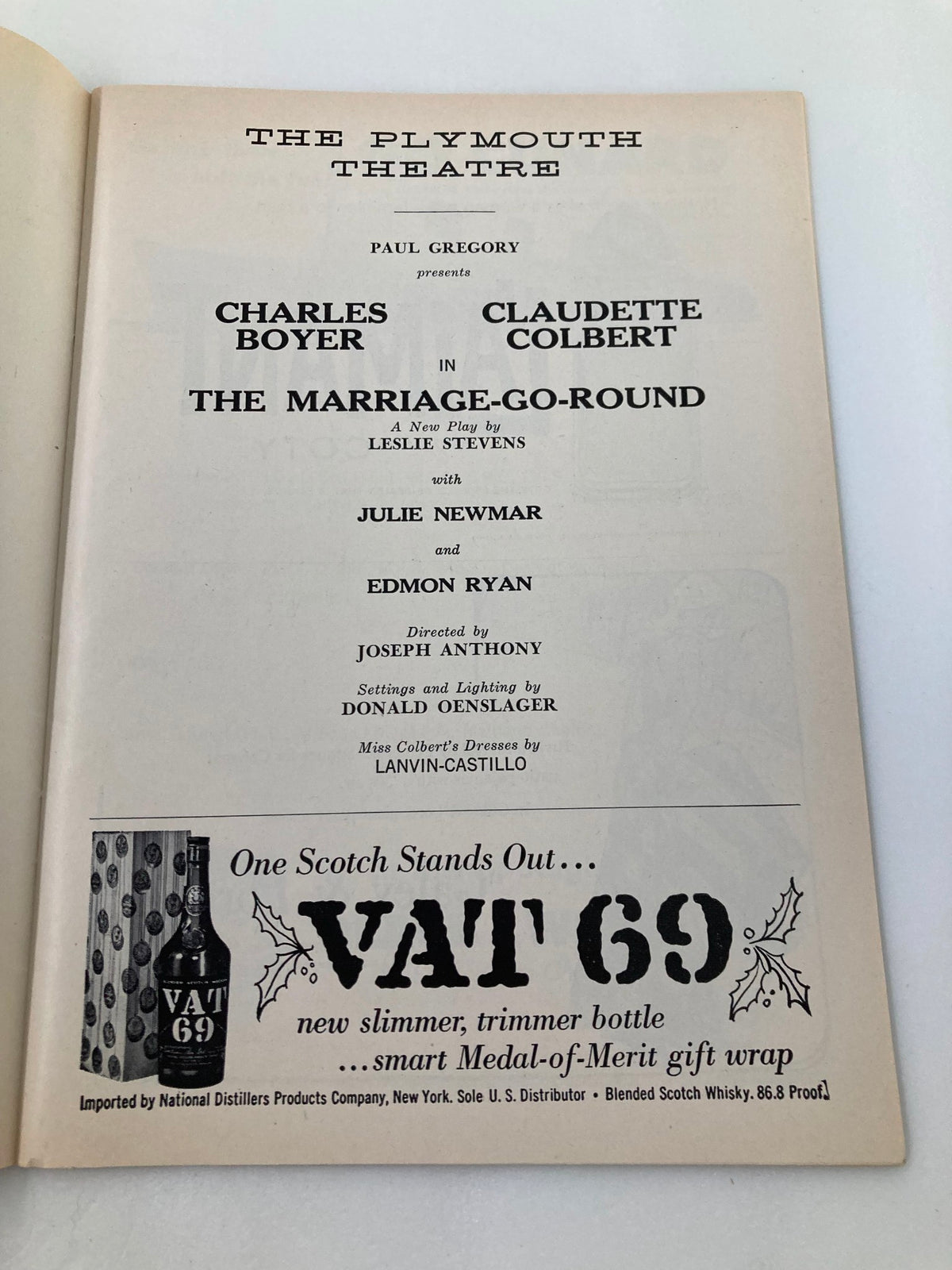 1920s vintage Playbill for The Plymouth Theatre featuring Charles Boyer and Claudette Colbert in The Marriage-Go-Round, showcasing the play's title and cast on the cover.