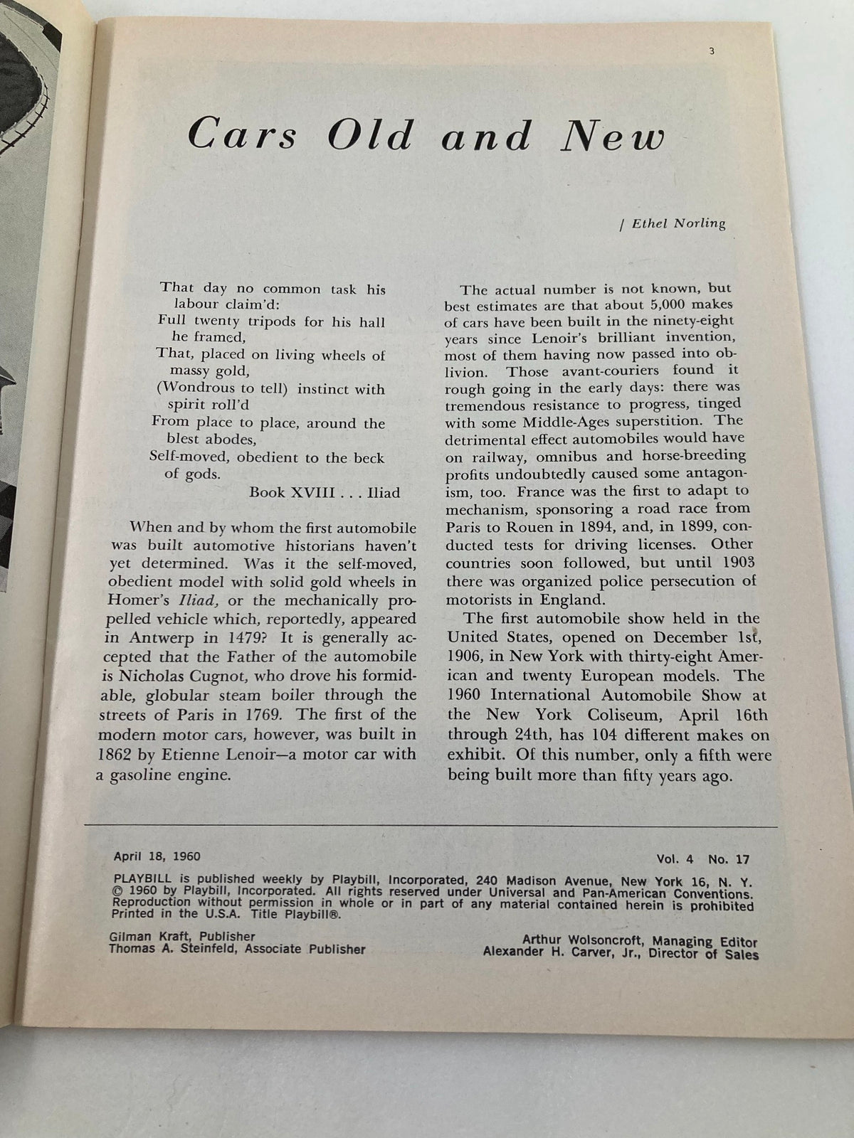 An image of a vintage page titled 'Cars Old and New', featuring discussion on automobiles and historical context, from a 1960 Playbill for the Morosco Theatre featuring Melvyn Douglas and Lee Tracy in The Best Man.