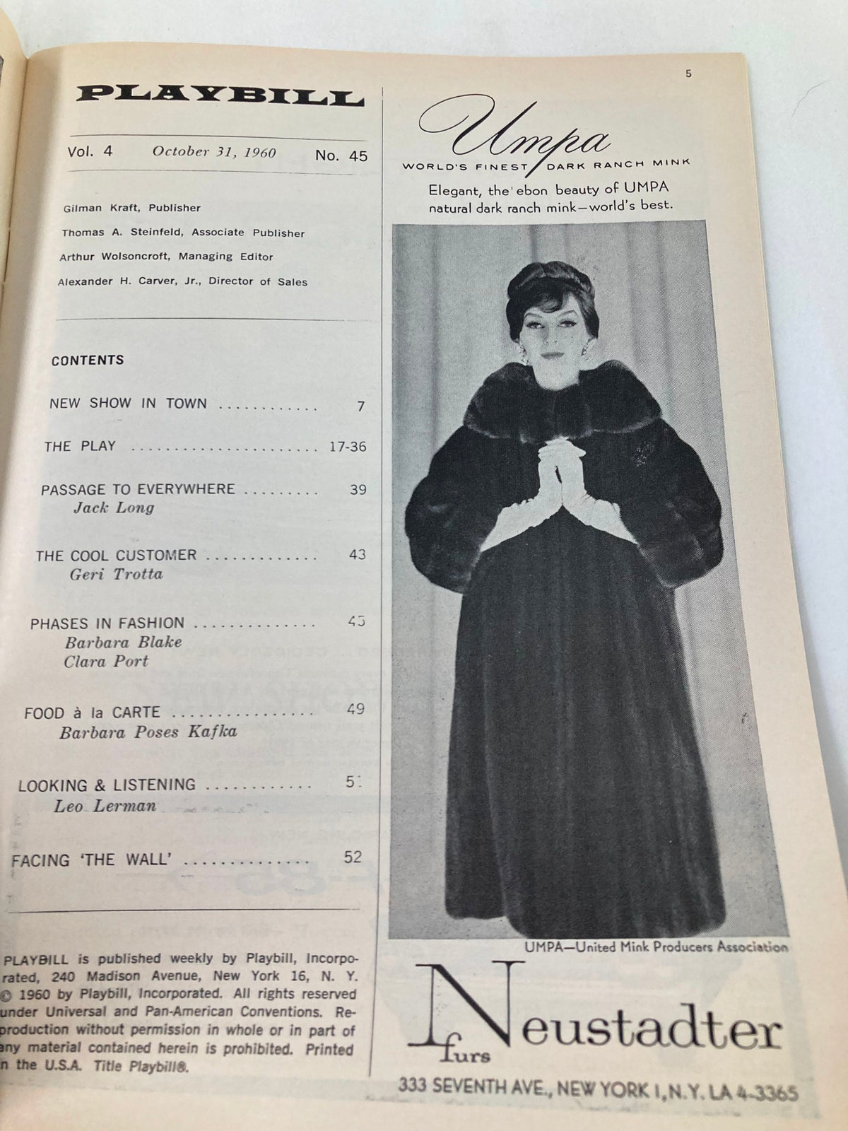 1960 Playbill for Toys in the Attic featuring a dramatic black and white portrait of a female performer, with details about the play and production crew.