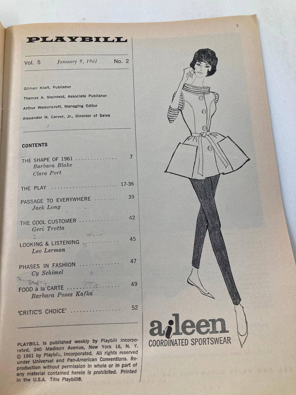 Interior page of the 1961 Playbill for Becket, showcasing contents and advertisements including a feature on a coordinated sportswear brand.
