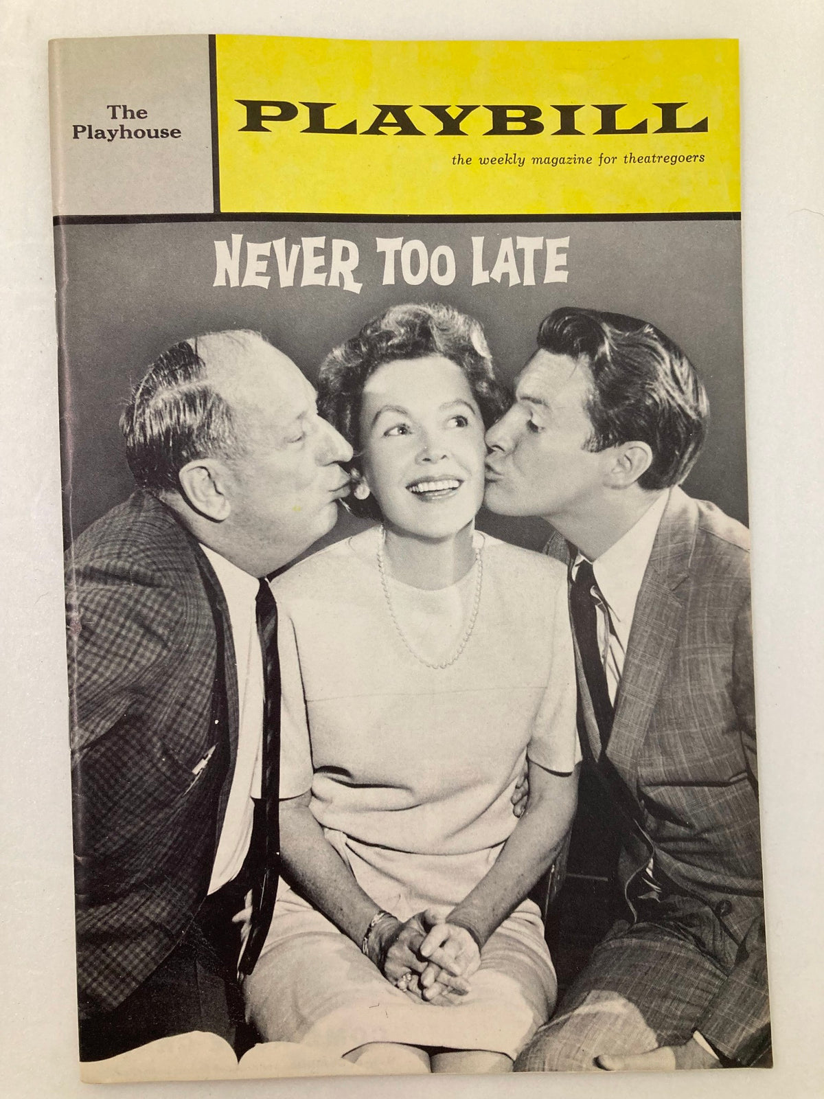 1963 Playbill titled 'Never Too Late' featuring Paul Ford, Maureen O'Sullivan, and Orson Bean, capturing classic theater nostalgia.
