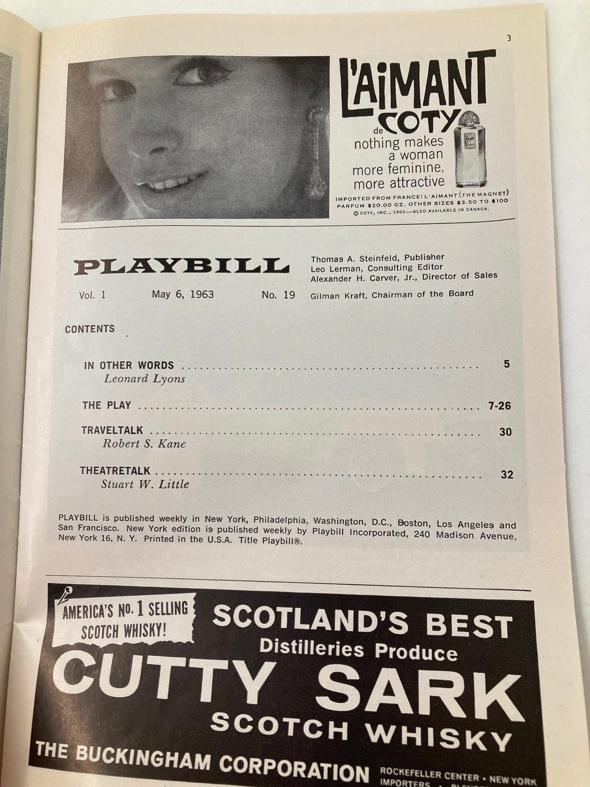 Inside page of the 1963 Playbill for 'Never Too Late,' featuring contents and advertisements reflecting the era's theatrical landscape.
