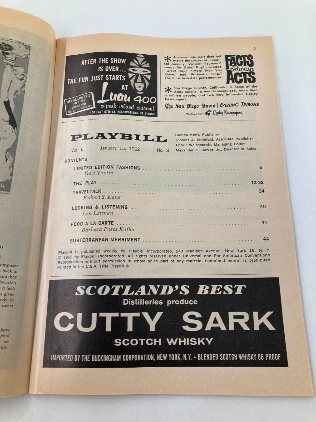 Interior page of the 1962 Playbill for 'A Shot In The Dark,' listing contents and advertisements, highlighting the historical context of the production.