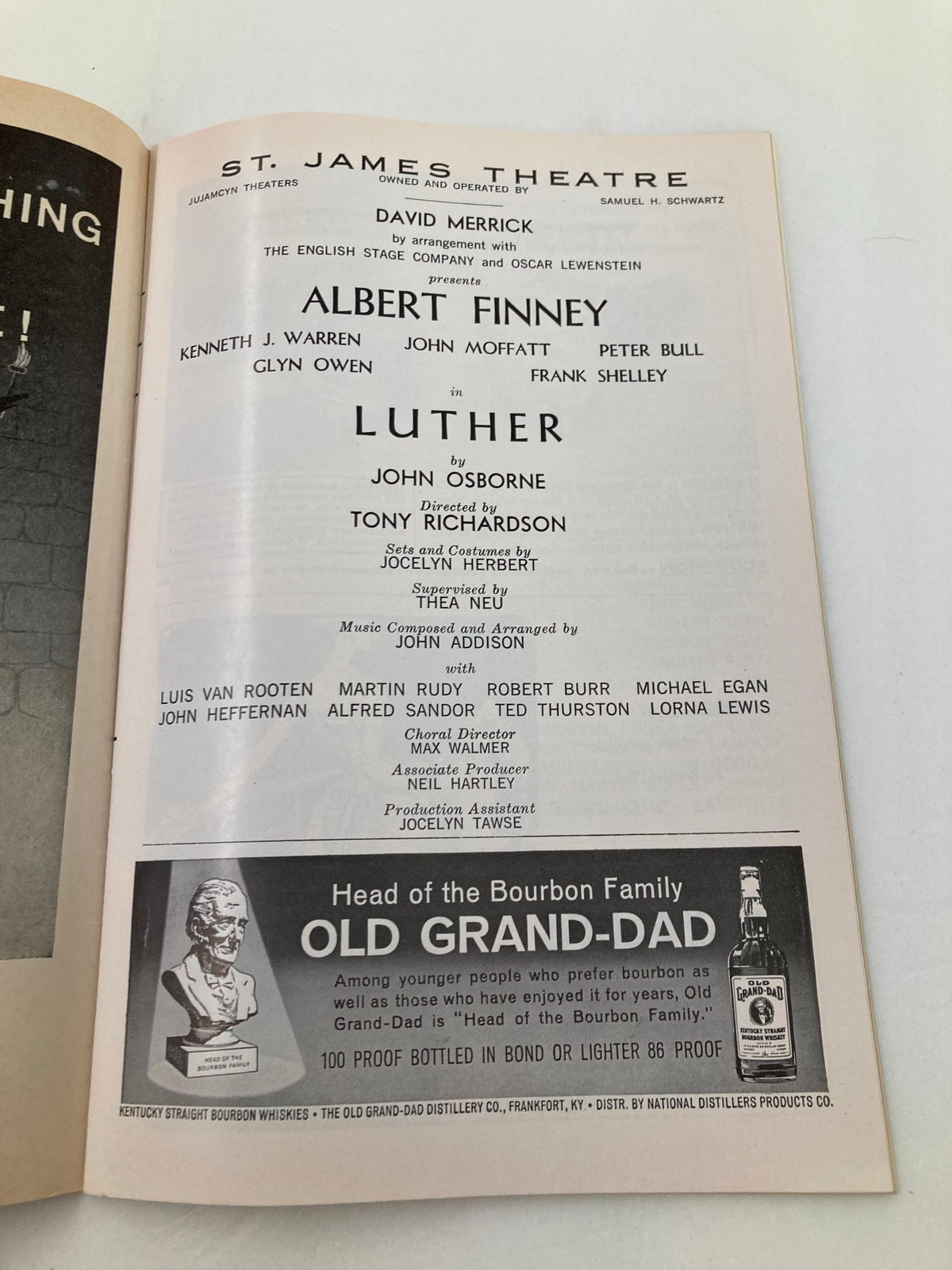 1963 Playbill from St. James Theatre featuring Albert Finney in Luther, showcasing cast details and production credits.