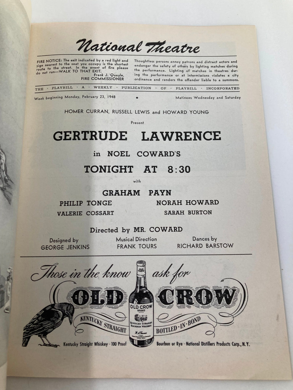 Interior page of the 1948 Playbill for the National Theatre, displaying the cast details for Gertrude Lawrence in Tonight at 8:30 well-preserved.