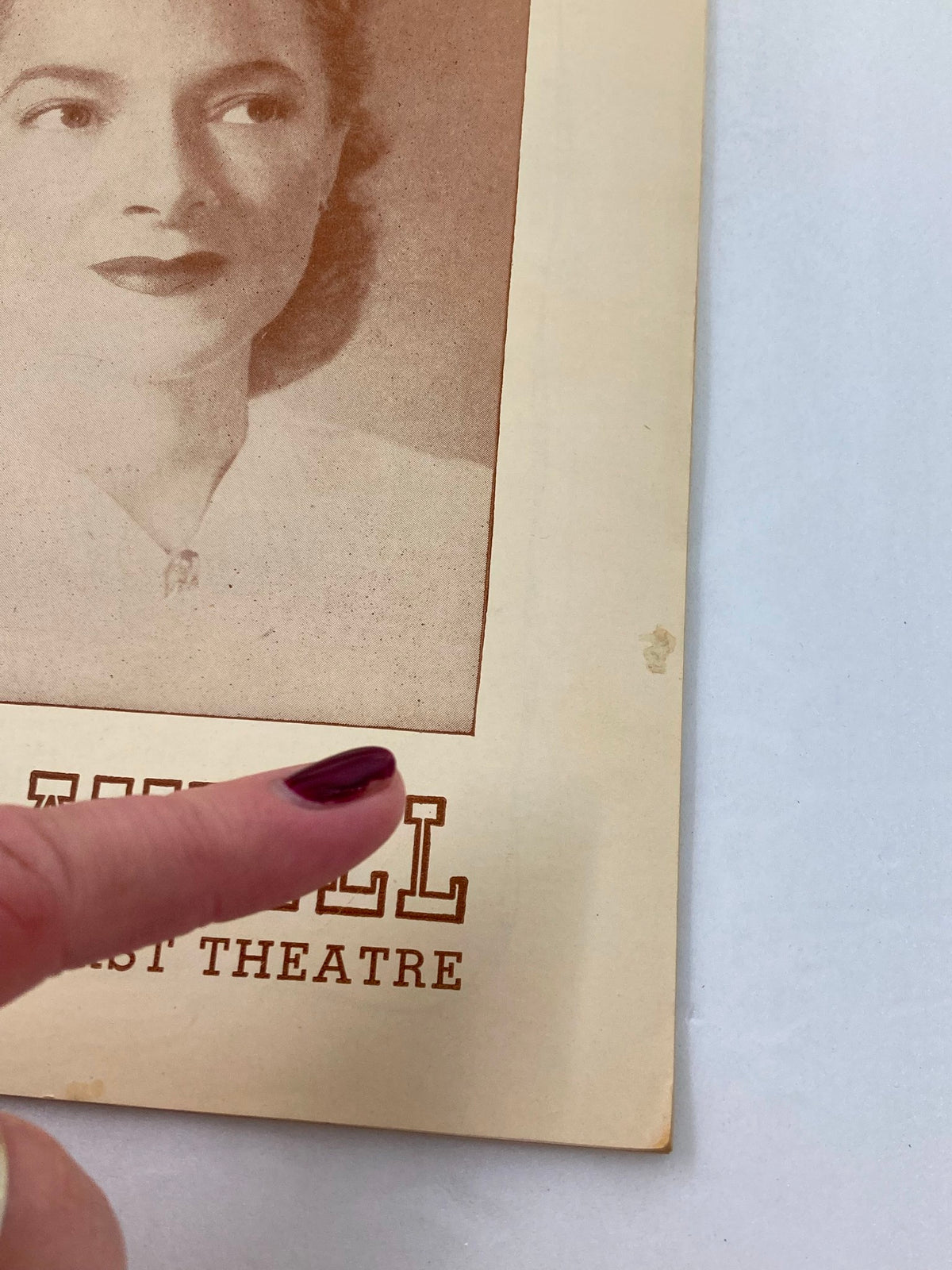 Close-up view of the 1947 Playbill for Happy Birthday at Broadhurst Theatre, highlighting the title and a woman's face image.