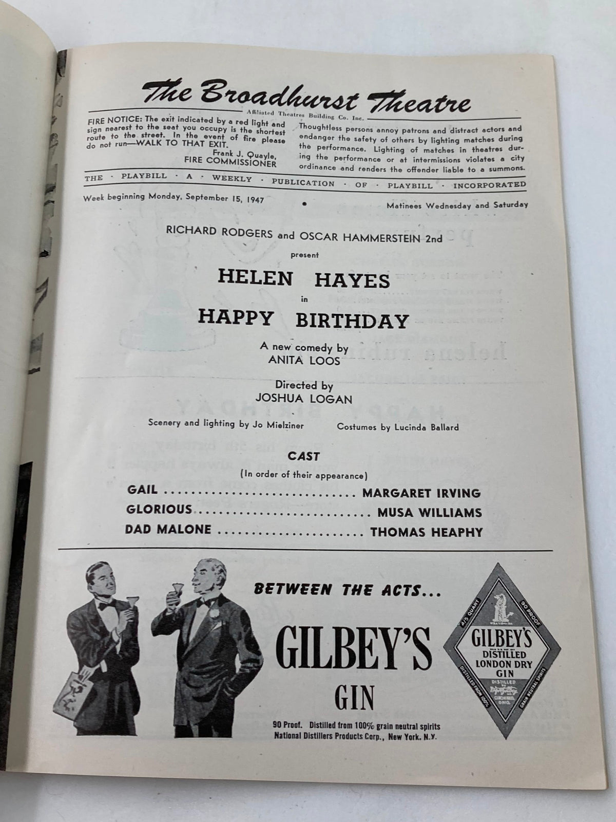 1947 Playbill for 'Happy Birthday' at the Broadhurst Theatre featuring the cast including Helen Hayes and Margaret Irving, showcasing details of the play's presentation and advertisement for Gilbey's Gin.
