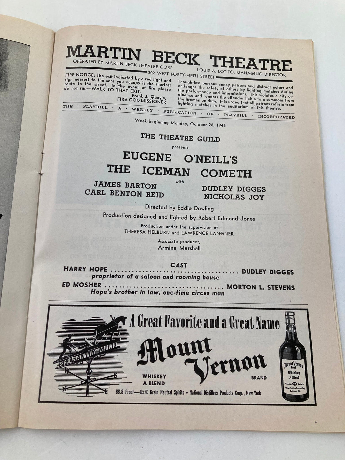 Inside page of the 1946 Playbill for The Iceman Cometh at Martin Beck Theatre, listing the cast and production details.