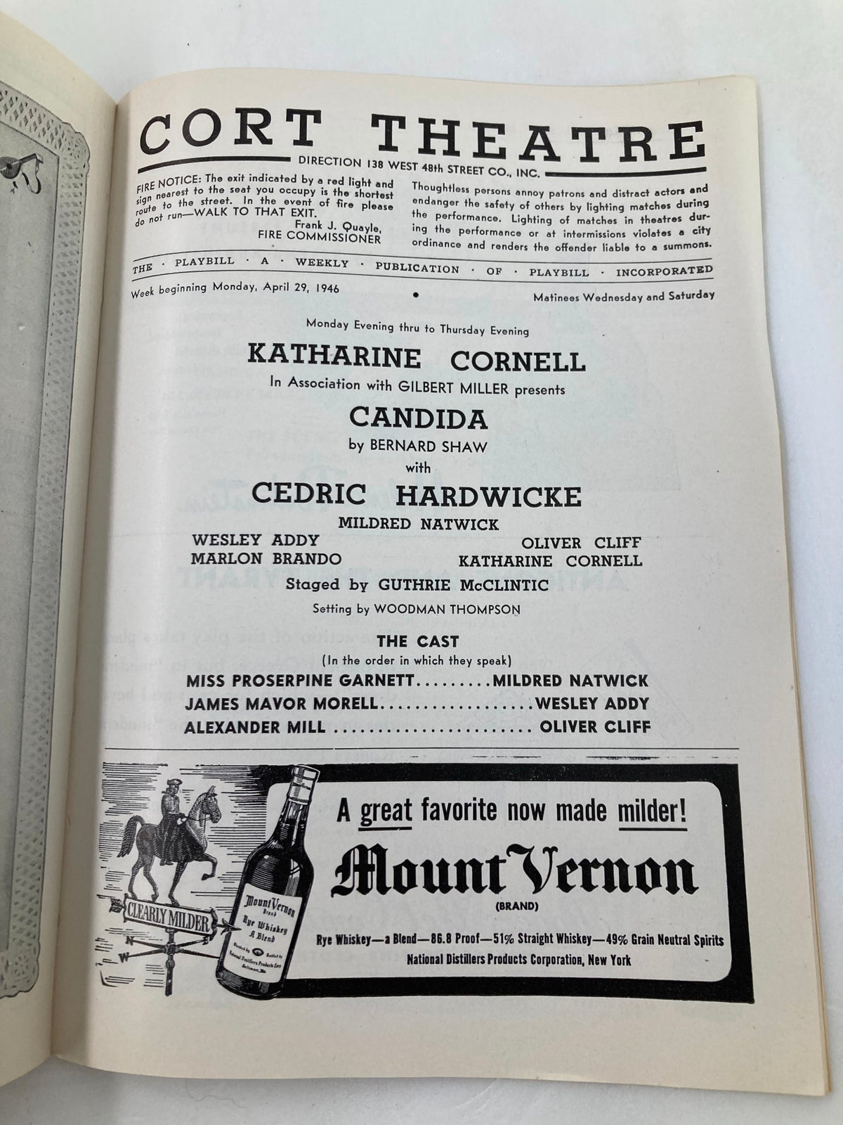 Interior of the 1946 Playbill for Candida at Cort Theatre, listing cast details including Katharine Cornell and Cedric Hardwicke, capturing vintage theatrical history.