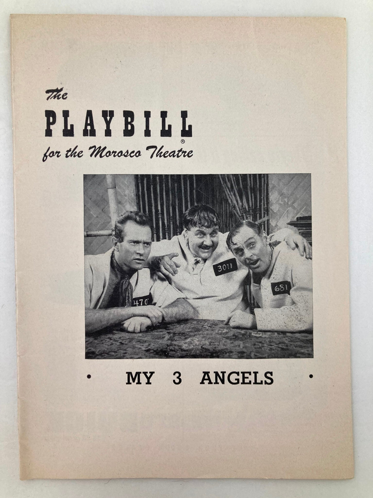Cover of the 1953 Playbill for the Morosco Theatre featuring the title 'MY 3 ANGELS', showcasing a black and white photo of three men likely from the play.