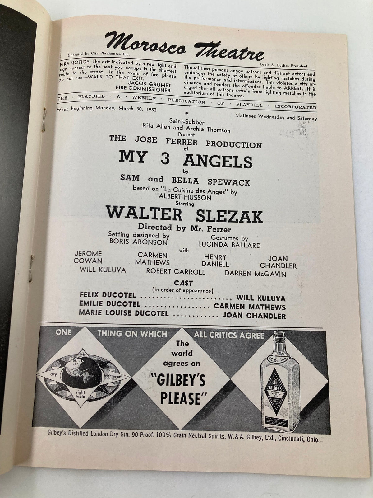Inside page of the 1953 Playbill for the Morosco Theatre detailing the production of 'MY 3 ANGELS', featuring cast members including Walter Slezak and Will Kuluva.