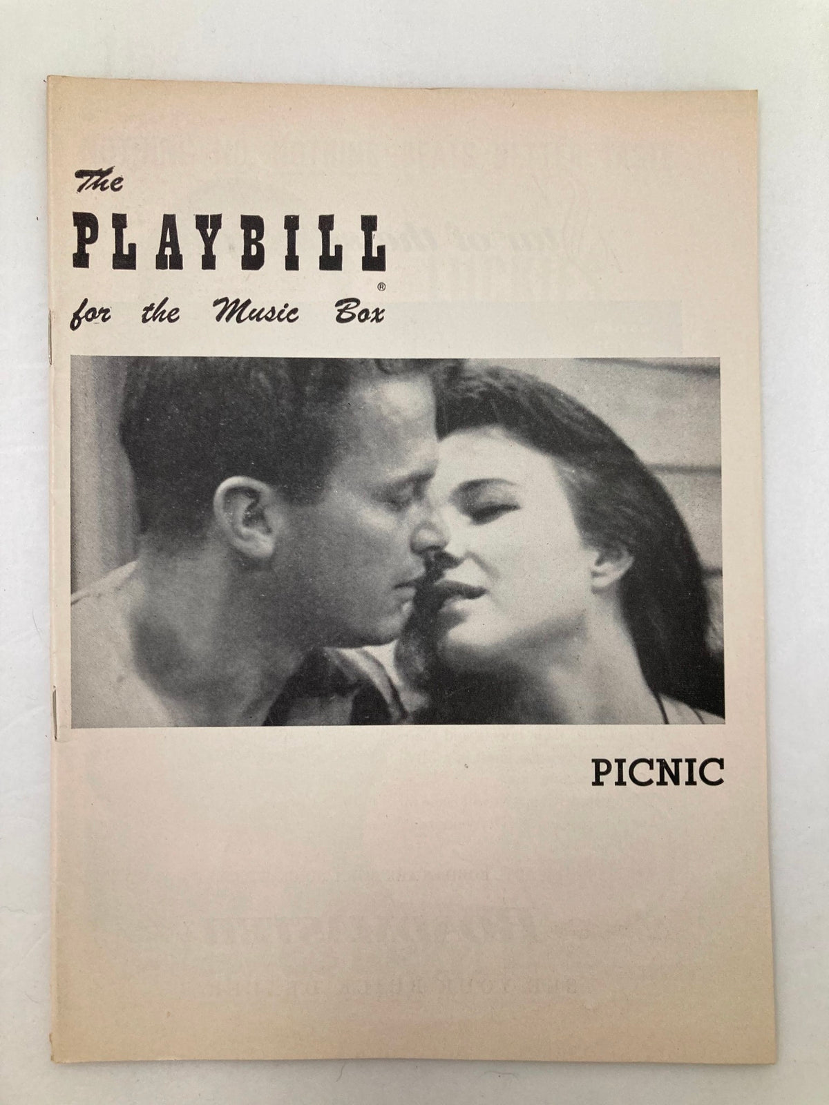 1953 Playbill for The Music Box featuring Picnic, showcasing an iconic image of a romantic moment between characters.