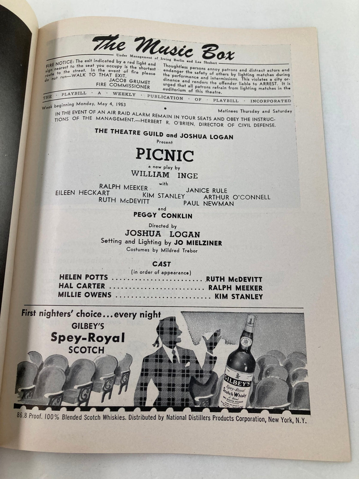 1953 Playbill for The Music Box featuring the production of Picnic by William Inge, showcasing cast members Ralph Meeker, Janice Rule, and Kim Stanley. Includes details about the play, director Josuha Logan, and advertisements.