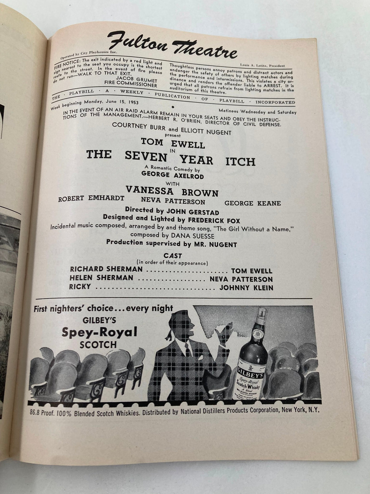 1953 Playbill from Fulton Theatre featuring Tom Ewell and Robert Emhardt in The Seven Year Itch, showcasing the cast and production details.