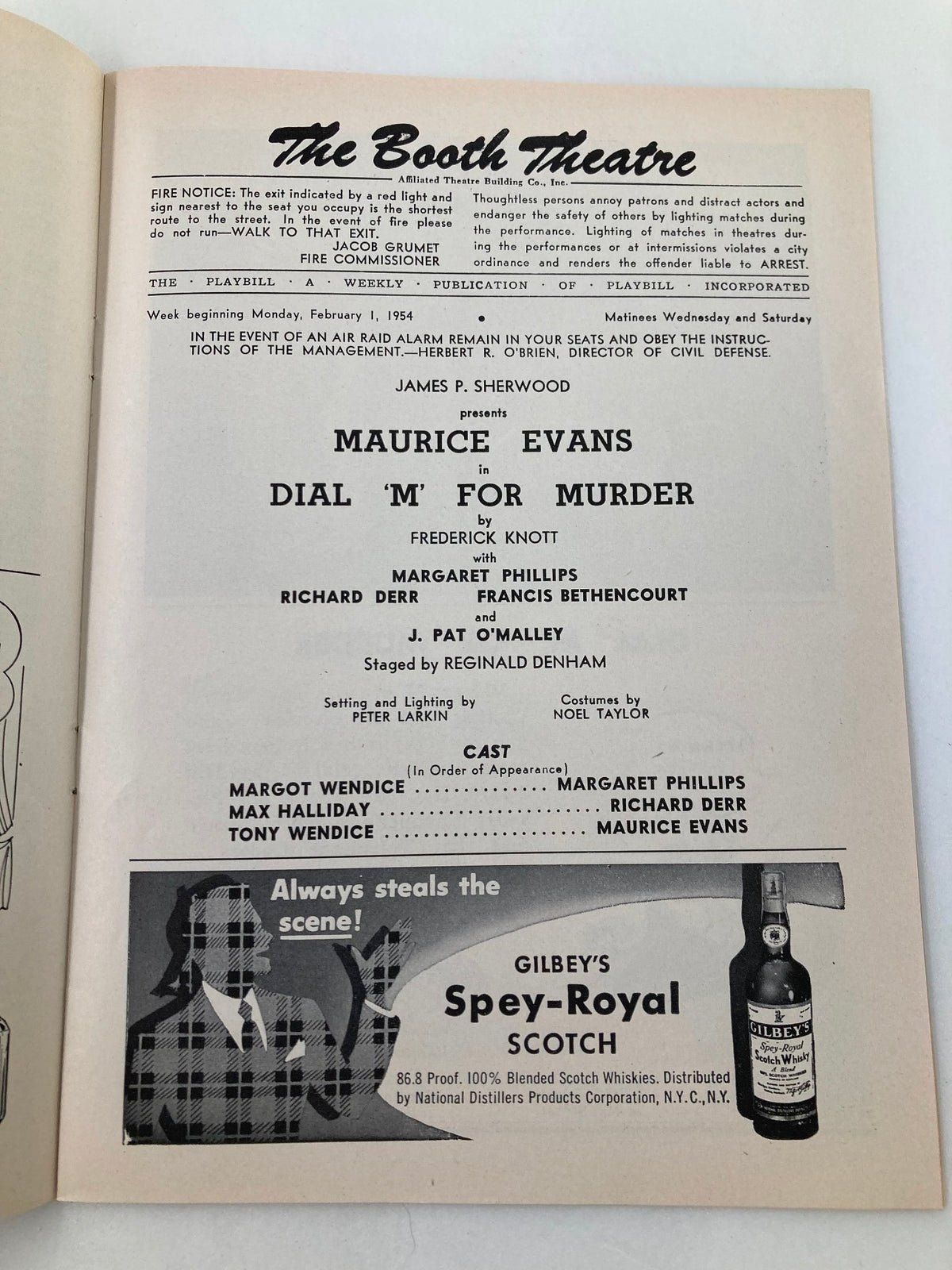 Inside view of the 1954 Playbill for Dial 'M' For Murder at The Booth Theatre, highlighting the cast and production details.