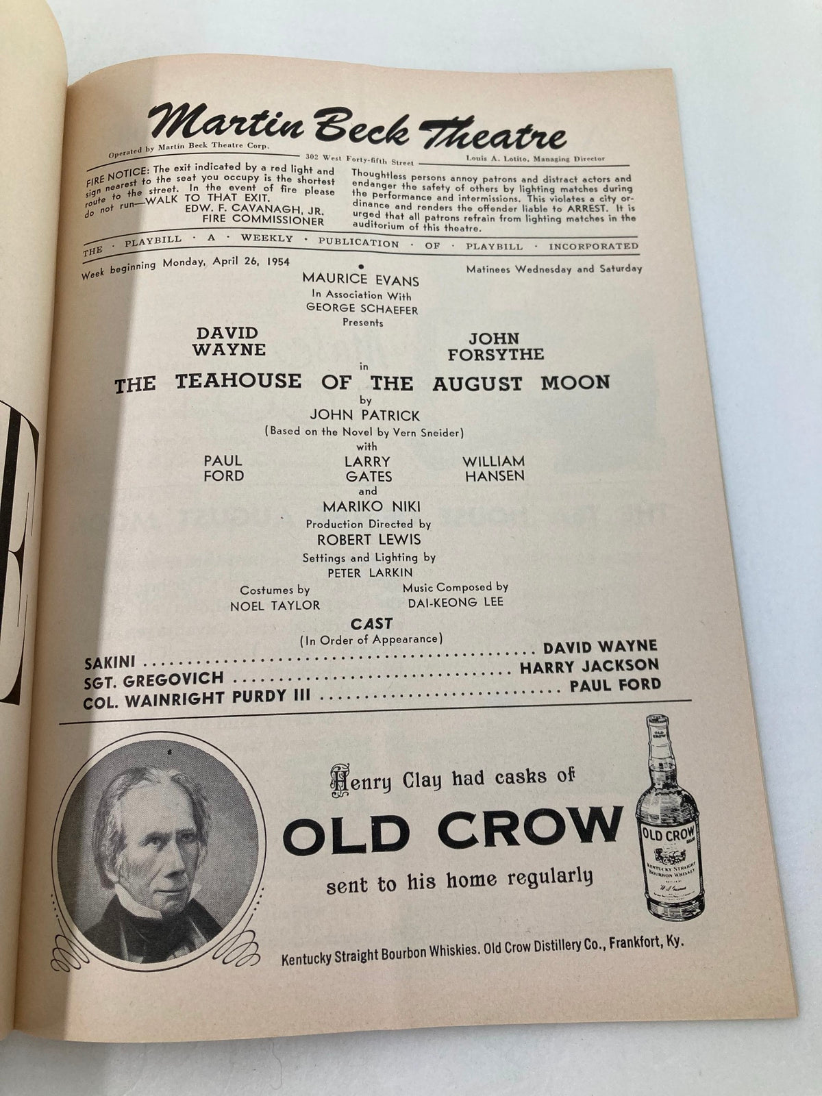 1954 Playbill for The Teahouse of the August Moon at Martin Beck Theatre, featuring cast names including David Wayne and John Forsythe, with promotional content and details about the production.