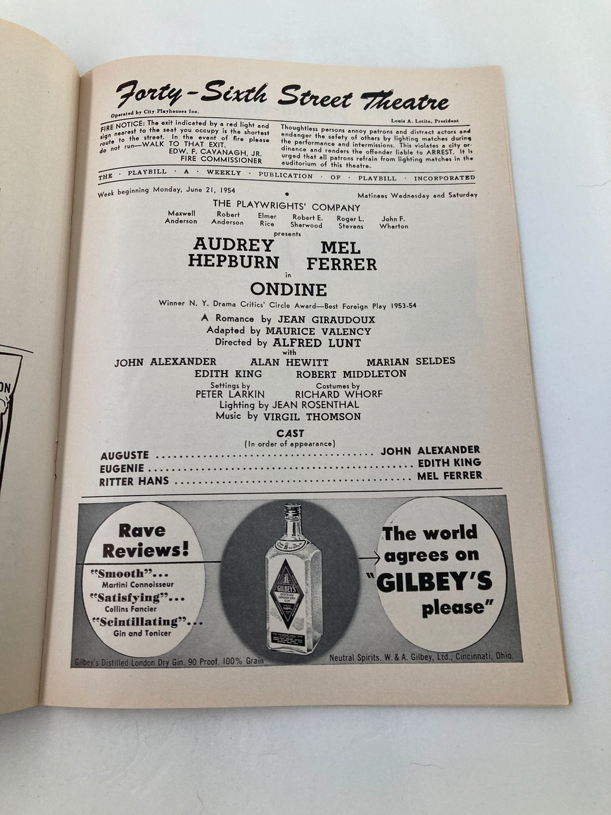 Inside page of the 1954 Playbill for Ondine at the 46th Street Theatre, displaying cast information and production details featuring Mel Ferrer and Audrey Hepburn.