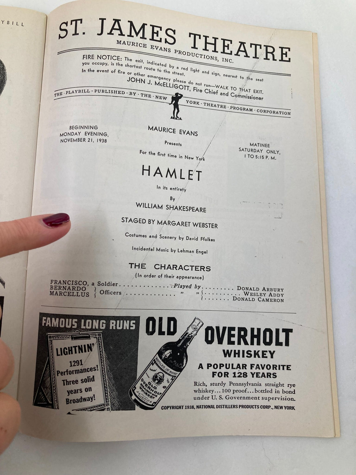 Inside page of the 1938 Playbill from St. James Theatre, presenting the cast of Hamlet including Donald Arbury and Wesley Andy. The page features details of the performance, including staging by Margaret Webster.