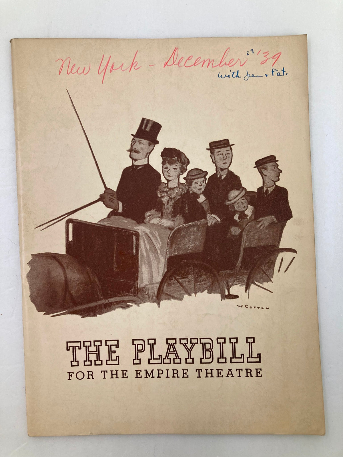 1939 Playbill for The Empire Theatre featuring Dorothy Stickney in Life with Father. The cover illustrations show a vintage scene of elegantly dressed characters in a horse-drawn carriage.