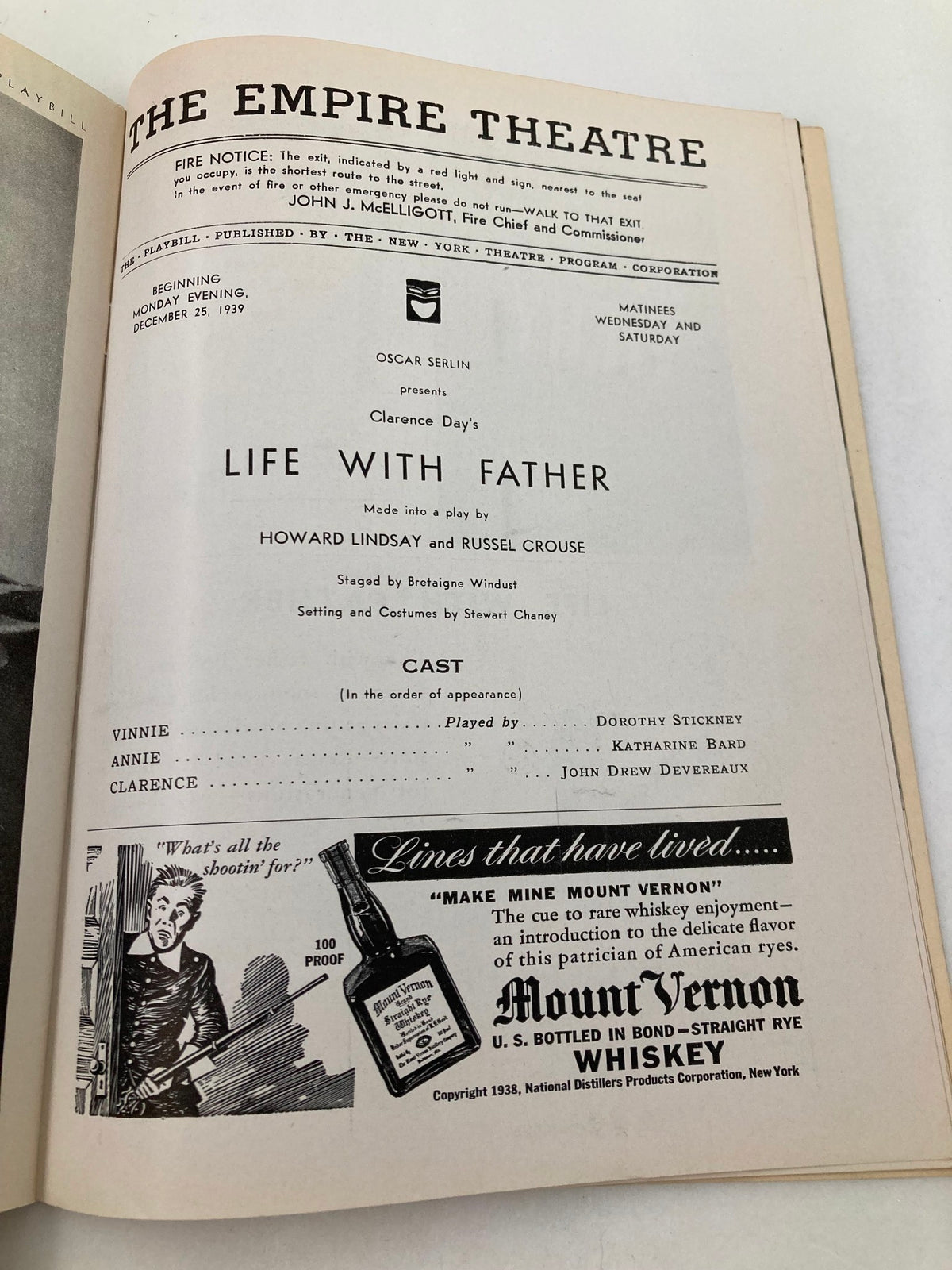 1939 Playbill for Life with Father at The Empire Theatre featuring Dorothy Stickney. It includes cast details and theatrical production information.