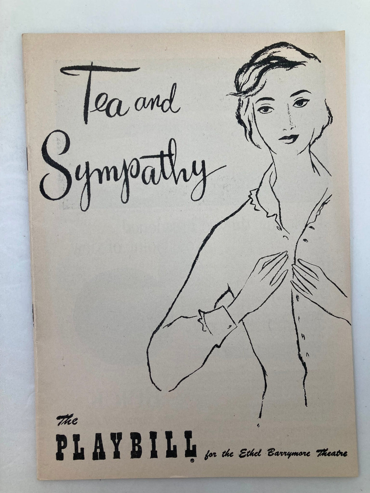Cover of the 1954 Playbill for 'Tea and Sympathy' featuring artwork and title, presented at the Ethel Barrymore Theatre with an illustration of a woman in period attire.