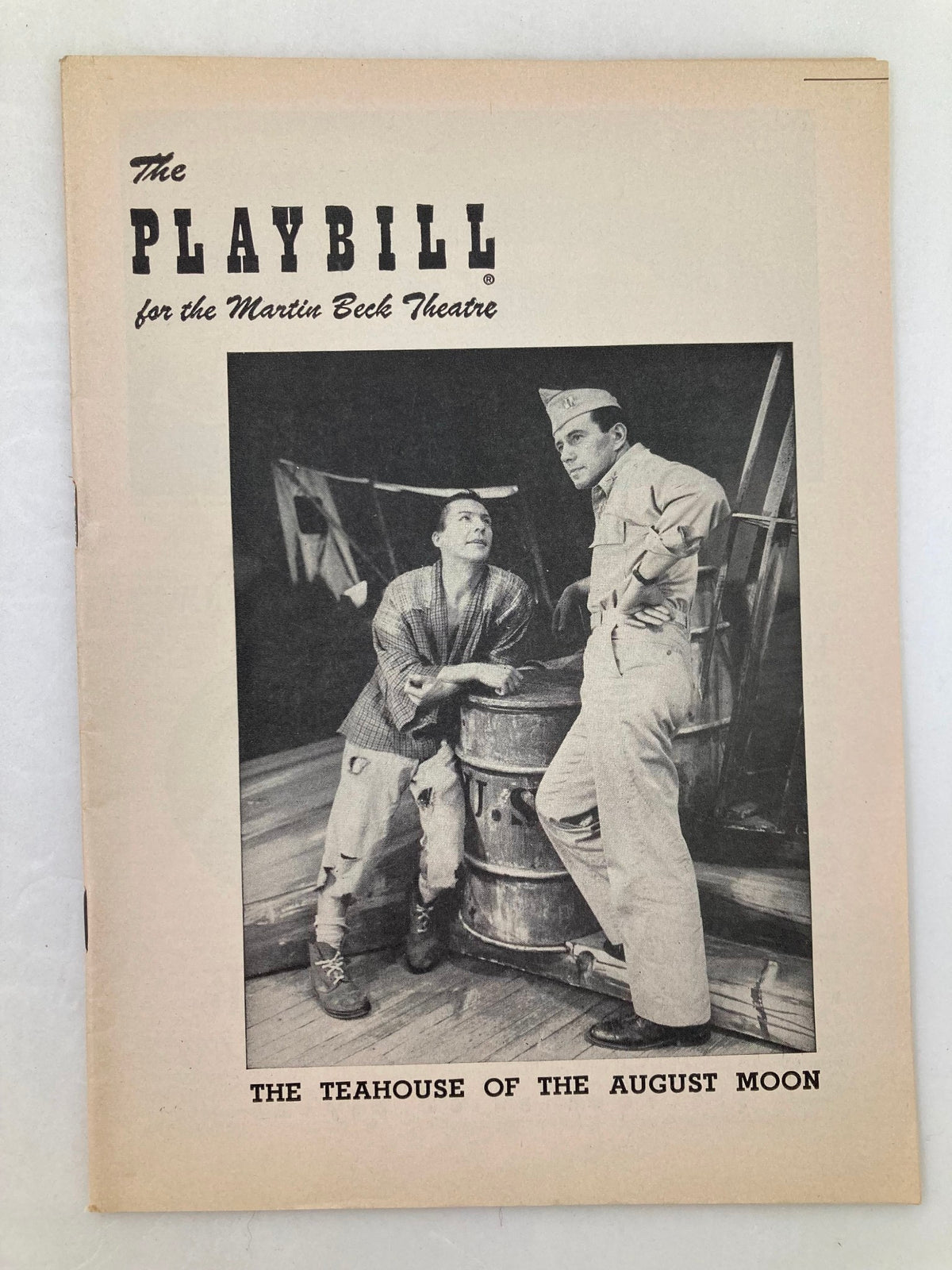 1954 Playbill for the Martin Beck Theatre featuring 'The Teahouse of The August Moon' with John Forsythe, showcasing a vintage cover image.