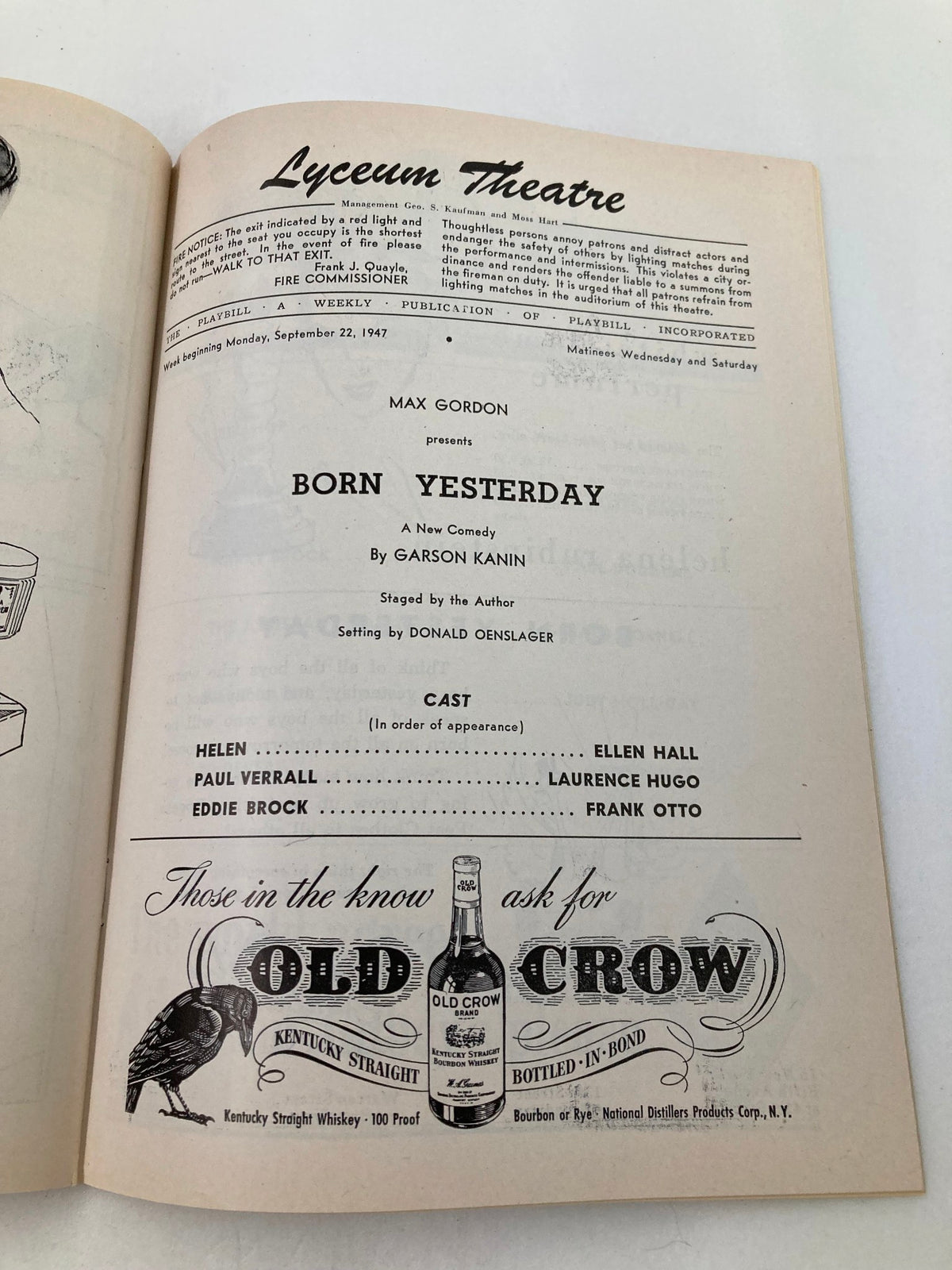 1947 Playbill from the Lyceum Theatre featuring the production of 'Born Yesterday' by Garson Kanin, showcasing the cast including Ellen Hall and Frank Otto, with details about the performance and an advertisement for Old Crow Kentucky Straight Whiskey.