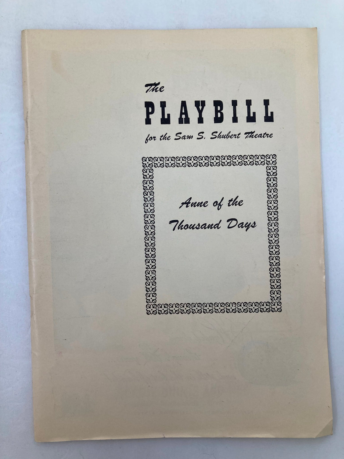 Front cover of the 1949 Playbill for 'Anne of the Thousand Days' at the Sam S. Shubert Theatre featuring the title and theater name.
