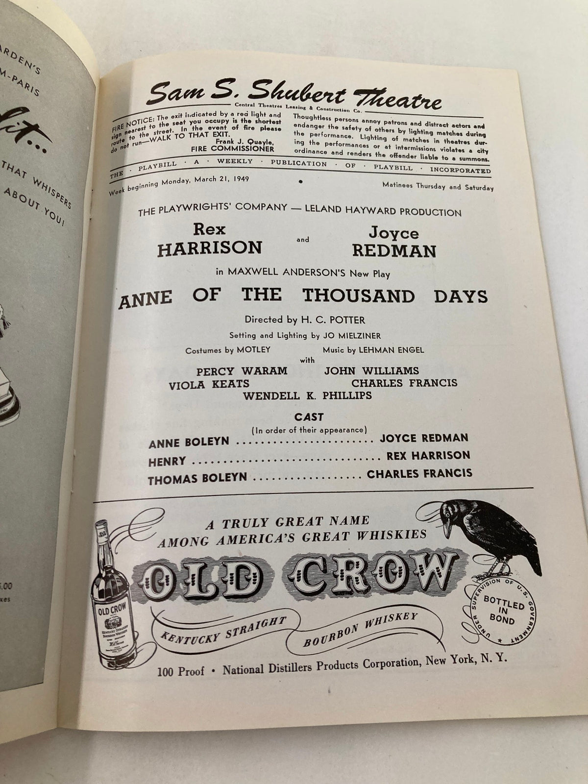 Interior page of the 1949 Playbill for 'Anne of the Thousand Days' at the Sam S. Shubert Theatre, showcasing production details and cast listing.