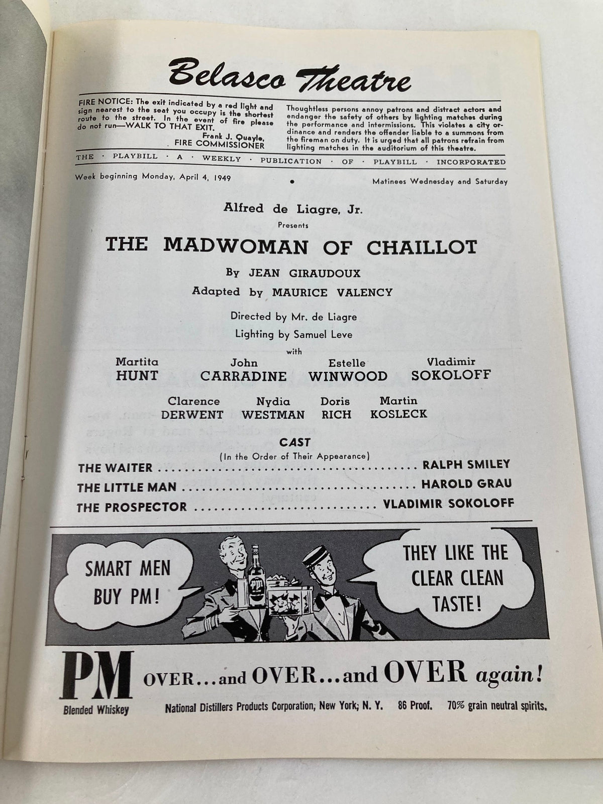 Interior page of the 1949 Playbill for the Belasco Theatre, detailing the cast and production information for The Madwoman of Chaillot, highlighting Martita Hunt and others.