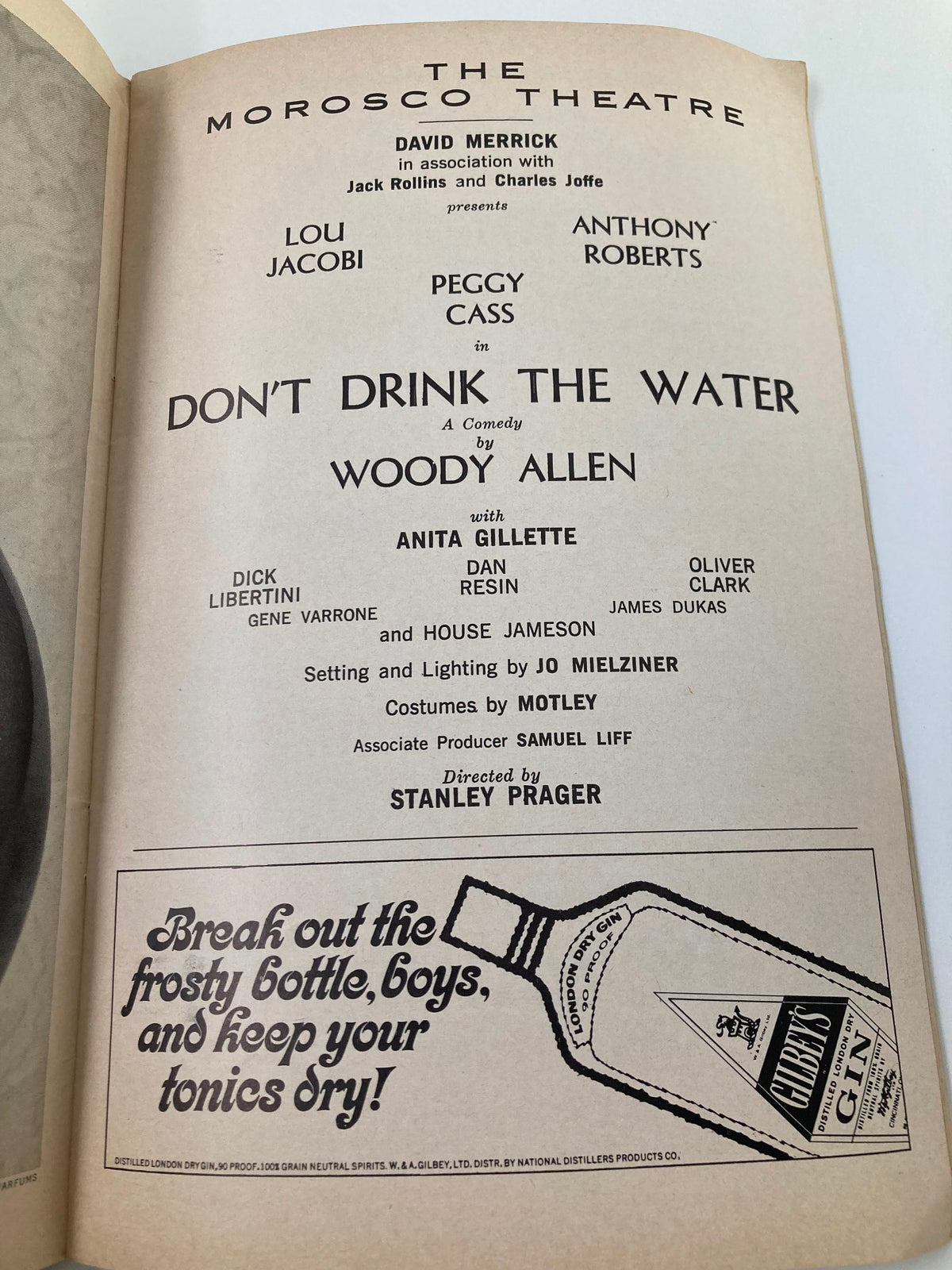 1967 Playbill for The Morosco Theatre featuring Lou Jacobi in Woody Allen's comedy Don't Drink The Water, showcasing cast and crew details including Peggy Cass, Dan Resin, and Stanley Prager.