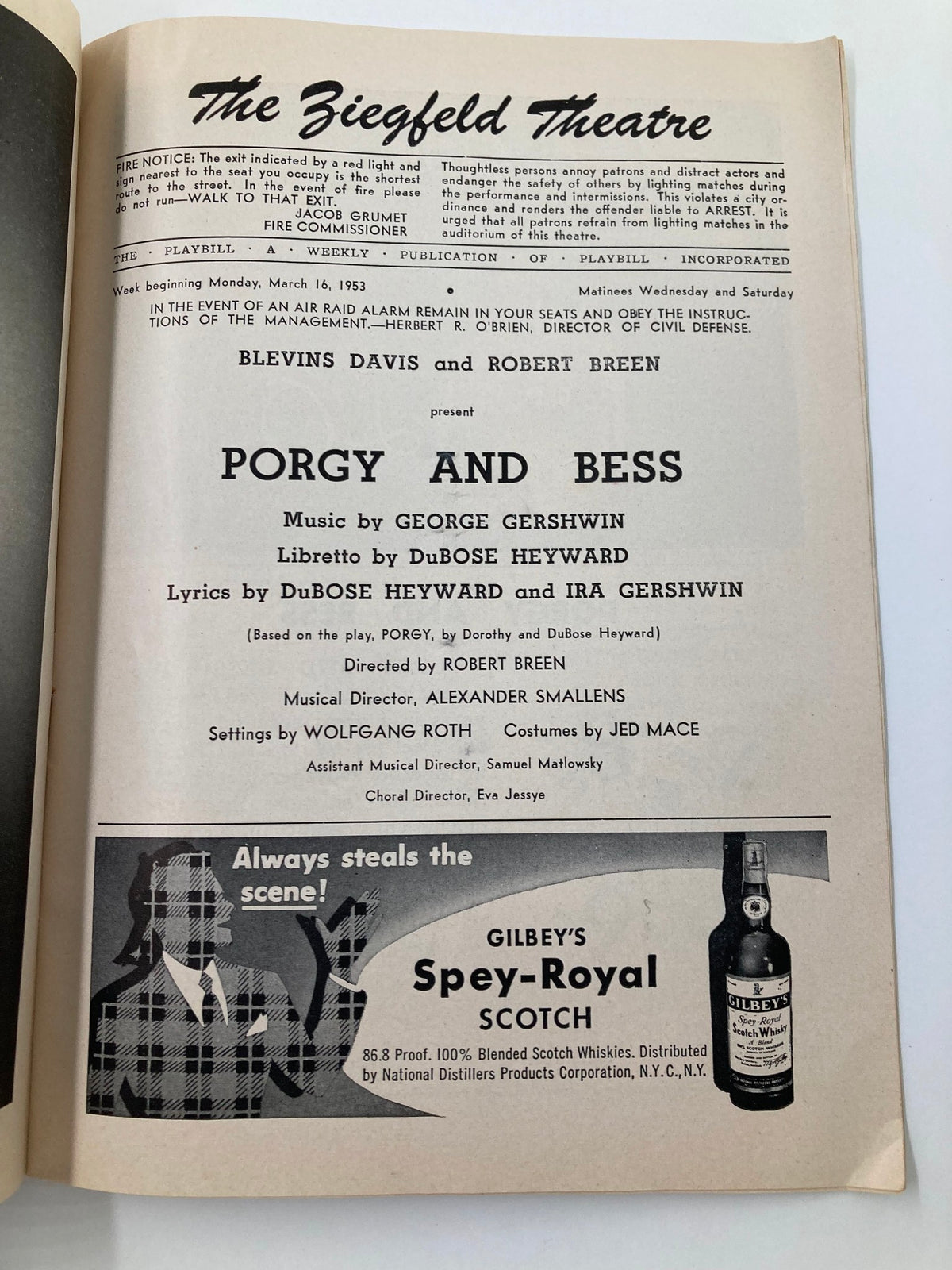 1953 Playbill for The Ziegfeld Theatre's production of Porgy and Bess, featuring music by George Gershwin, and including details about the cast, crew, and production history.