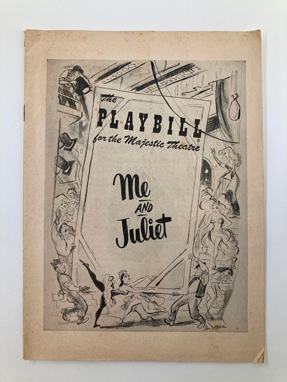1953 Playbill for the Majestic Theatre featuring 'Me and Juliet' with artistic cover illustration and notable characters from the musical.