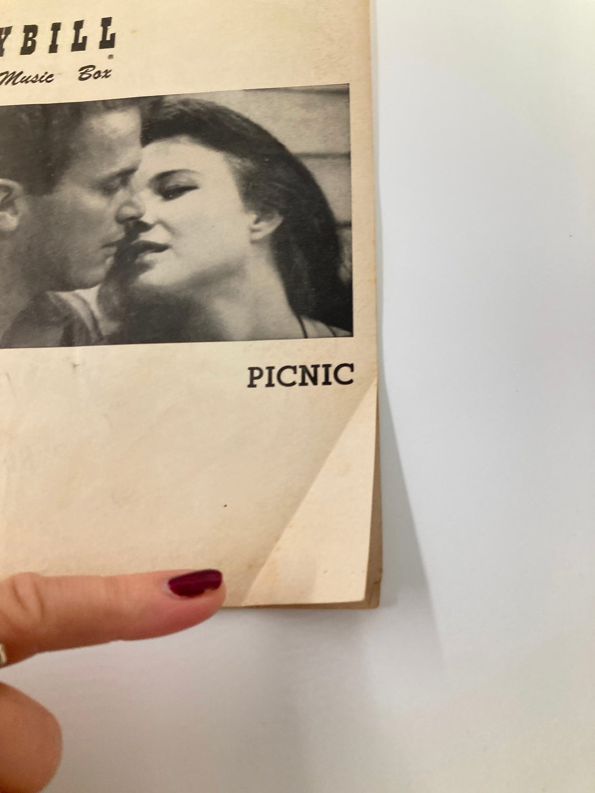 Close-up view of the 1953 Playbill for The Music Box production of Picnic, highlighting the cover detail and the title.