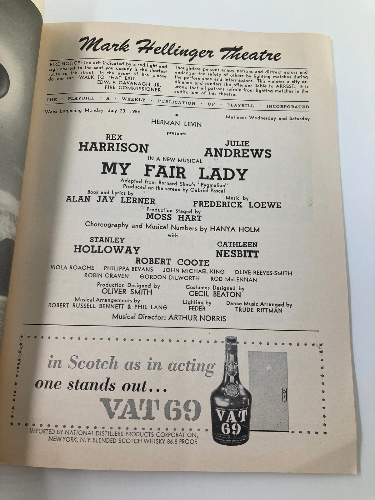 Inside page of the 1956 Playbill for My Fair Lady at the Mark Hellinger Theatre, showcasing cast and production details including Rex Harrison and Julie Andrews.