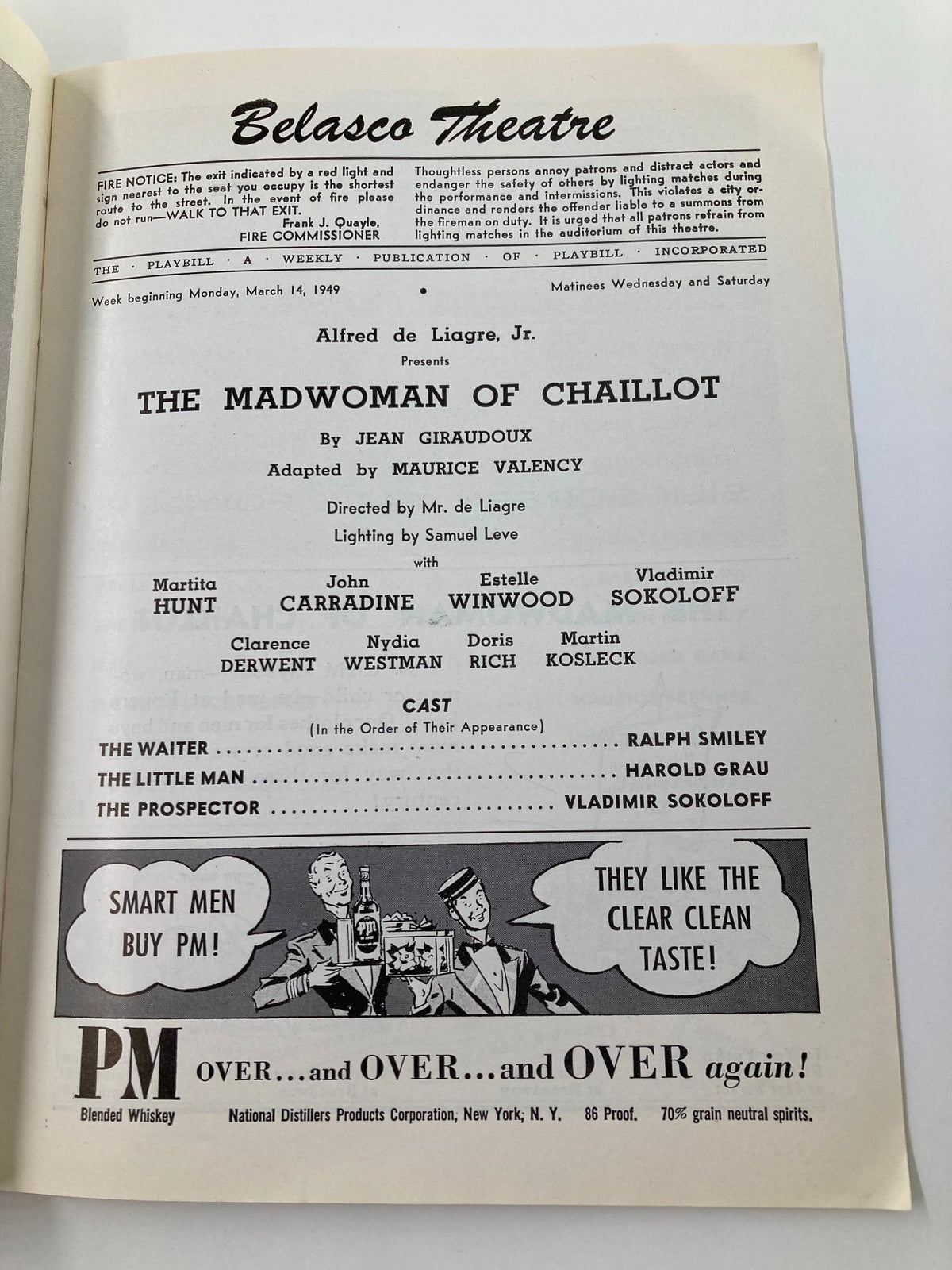 1949 Playbill from Belasco Theatre featuring Martita Hunt in The Madwoman of Chaillot, showcasing cast details and advertisements.
