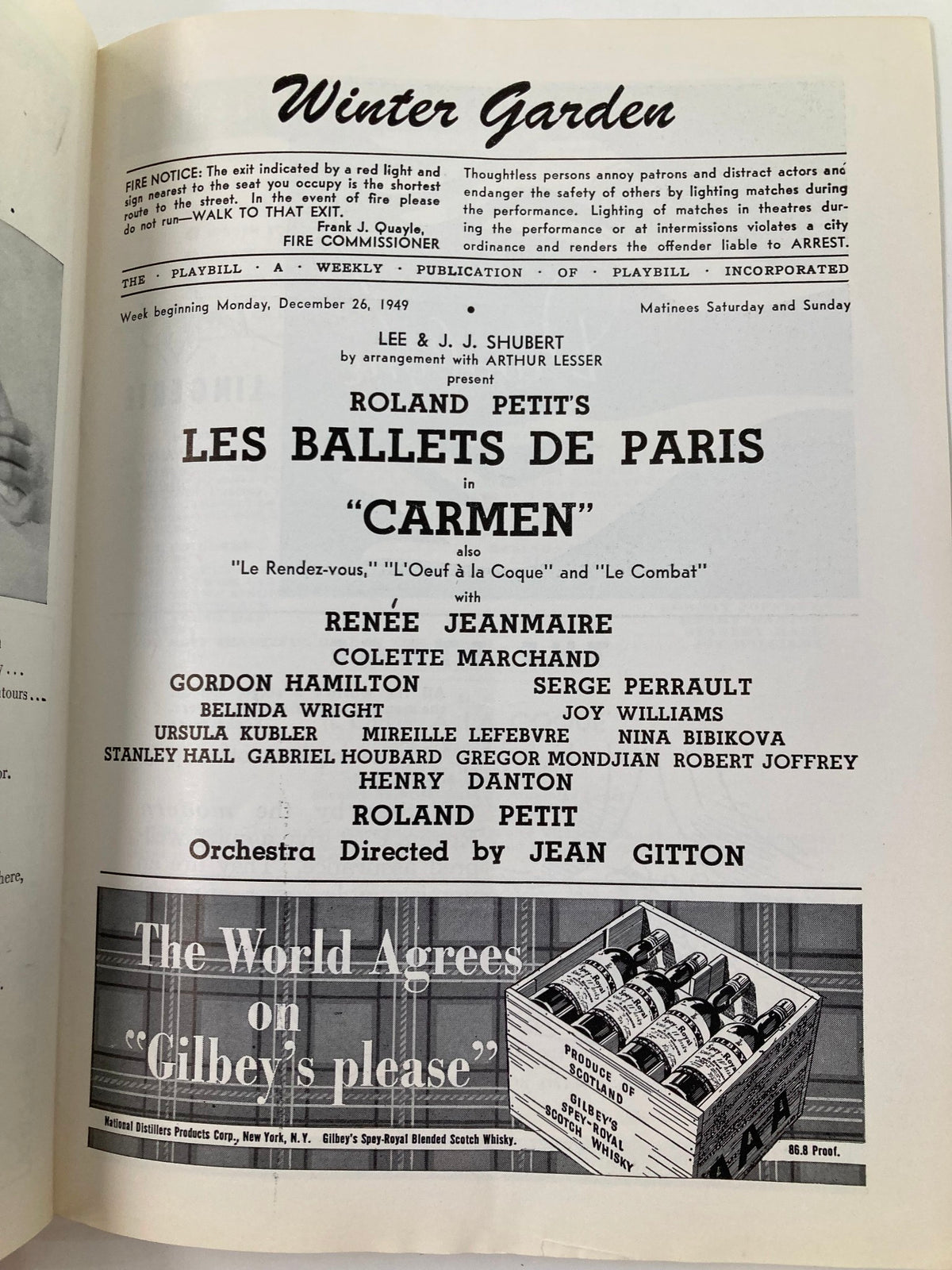 1949 Playbill for Roland Petit's Les Ballets De Paris in Carmen showcasing the performance details and cast list inside the Winter Garden.