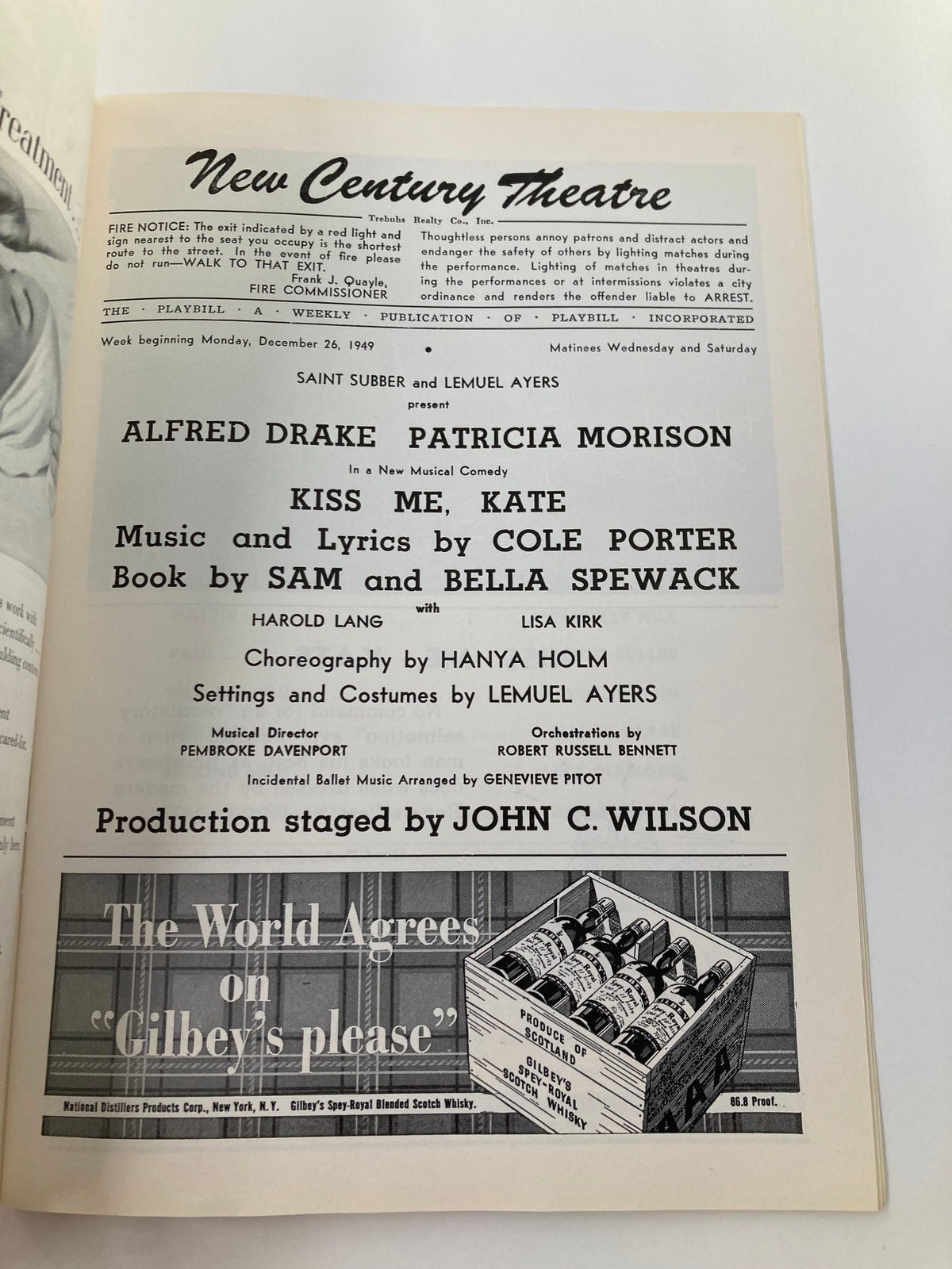 Interior page of the 1949 Playbill for the New Century Theatre, detailing the cast and crew of 'Kiss Me, Kate,' including Alfred Drake and Patricia Morison.