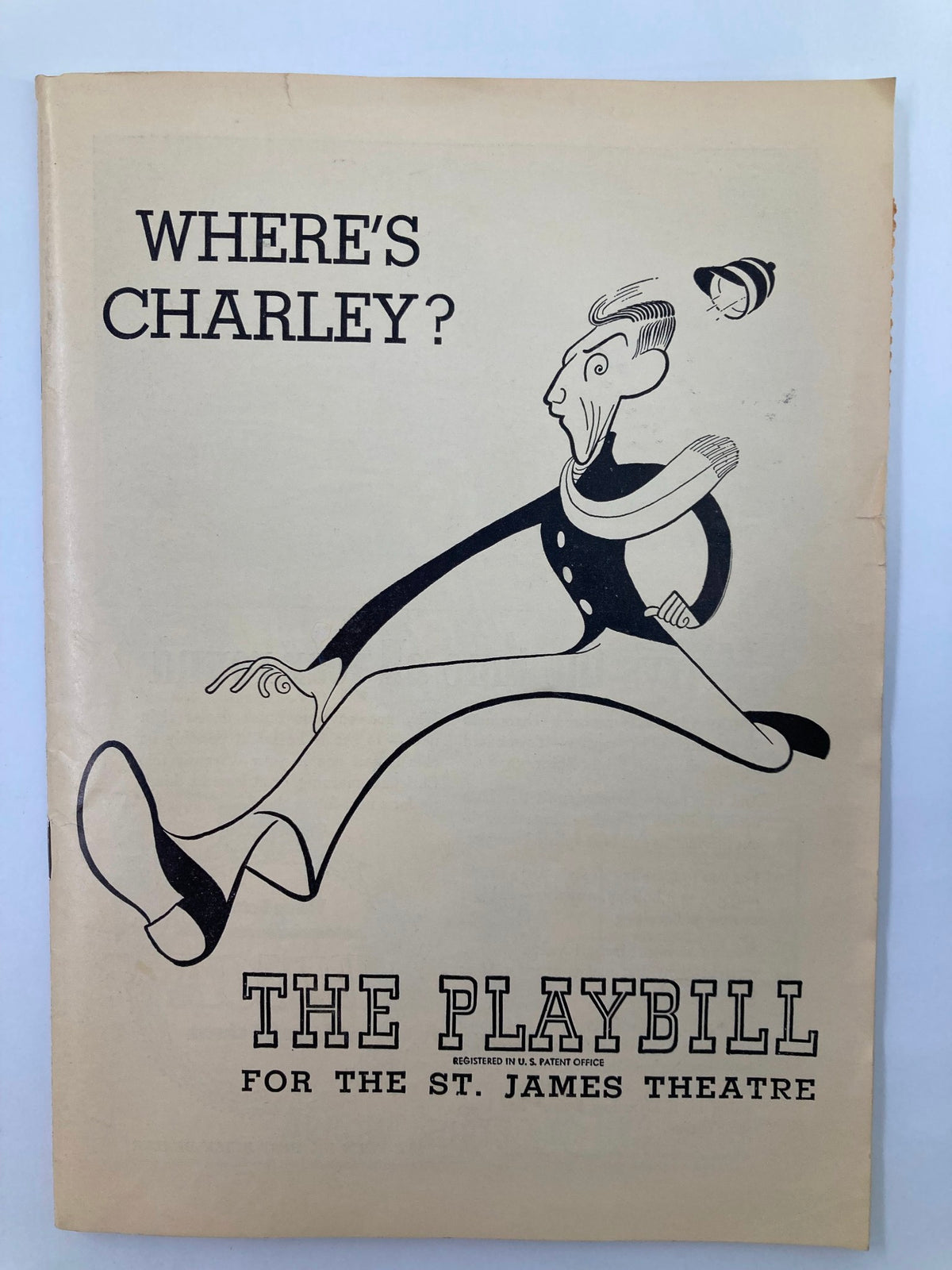 1949 Playbill for the St. James Theatre featuring the musical 'Where's Charley?', showcasing a stylized illustration of a character in costume.