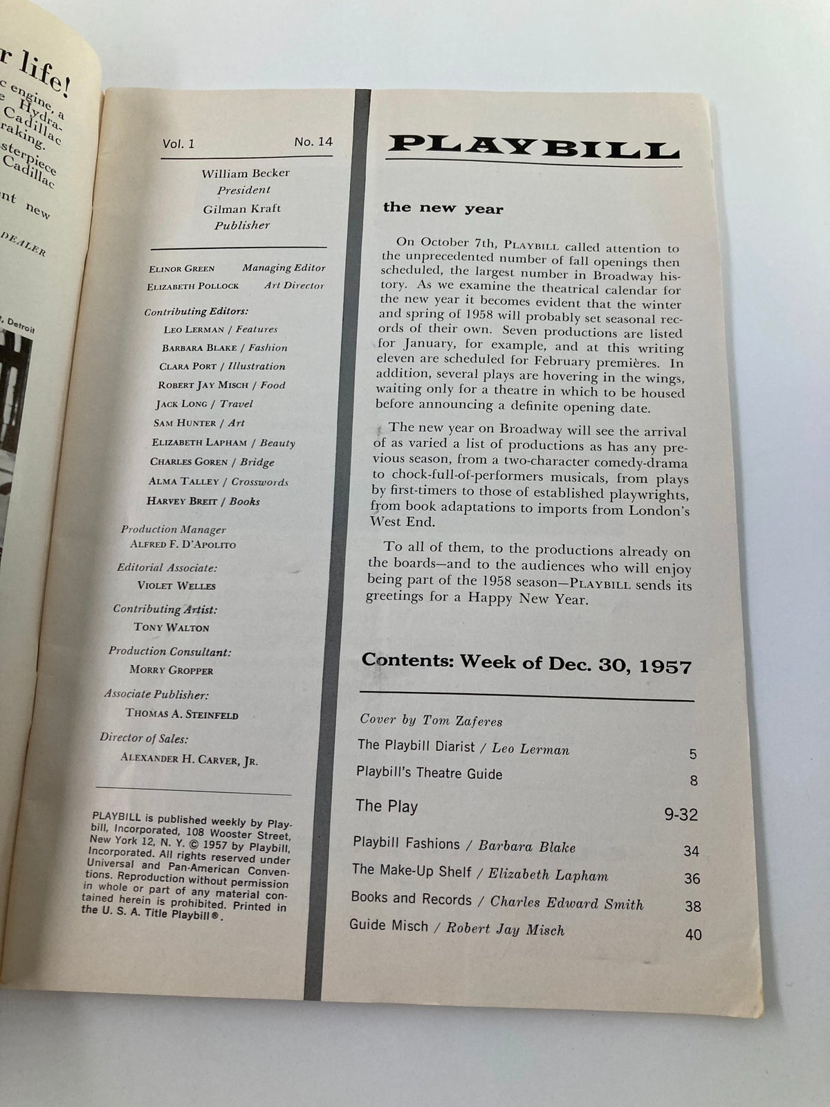 Interior page of the 1957 Playbill for Auntie Mame, detailing the contents including a feature on Broadway productions during the 1958 season.
