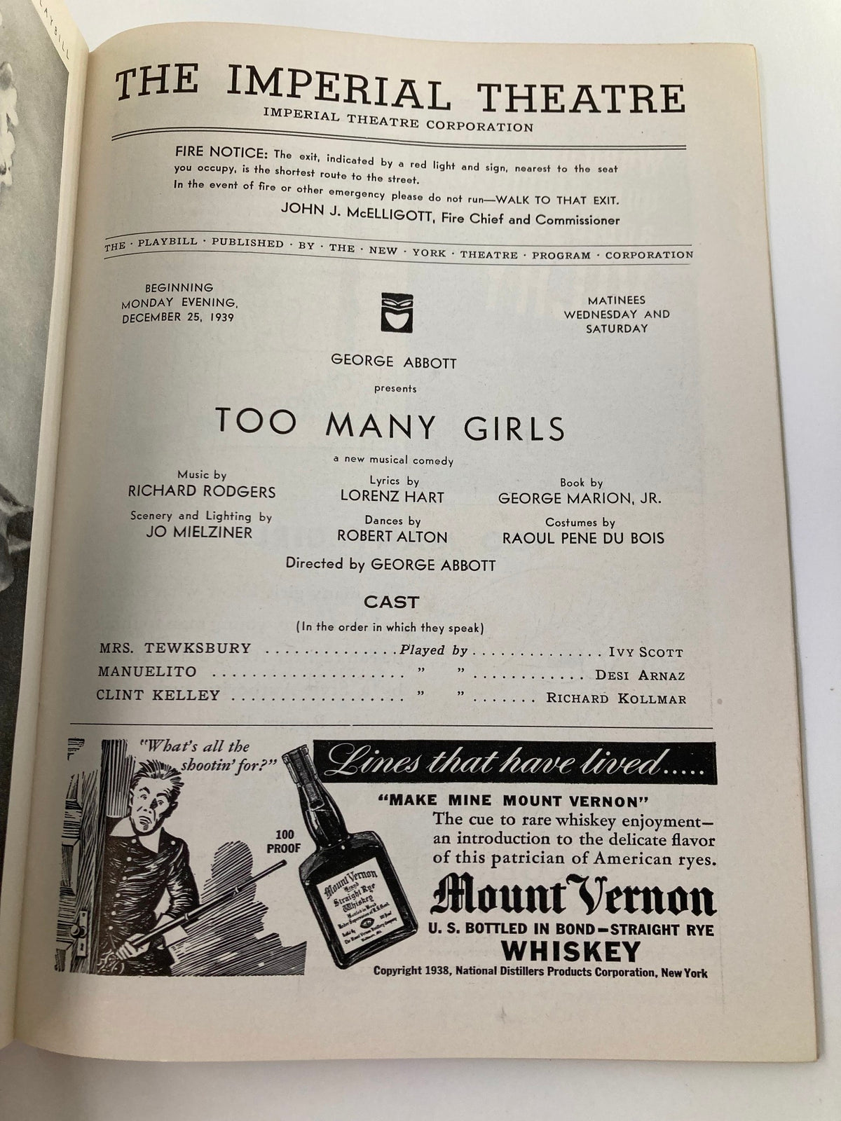 Interior page of the 1939 Playbill from The Imperial Theatre presenting Too Many Girls, details about the cast and production, featuring Ivy Scott and Desi Arnaz.
