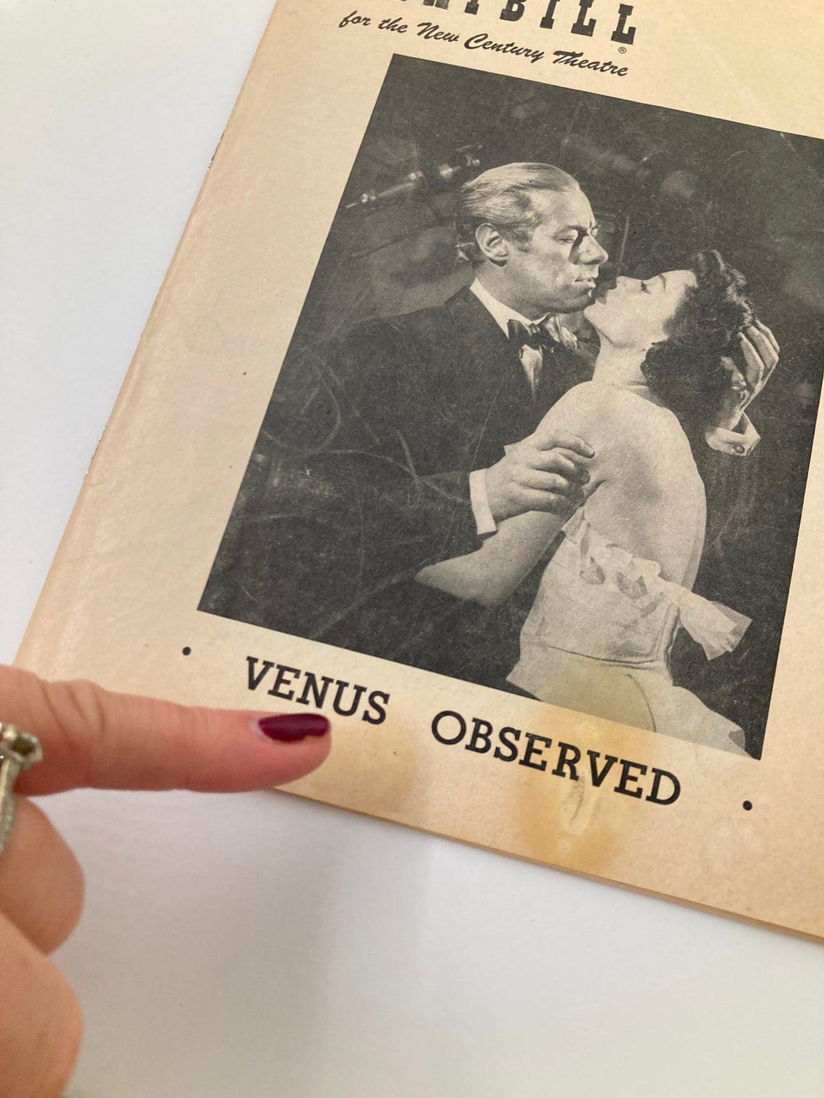 Close-up of the 1952 Playbill for New Century Theatre highlighting the title Venus Observed, with Lilli Palmer and Rex Harrison.